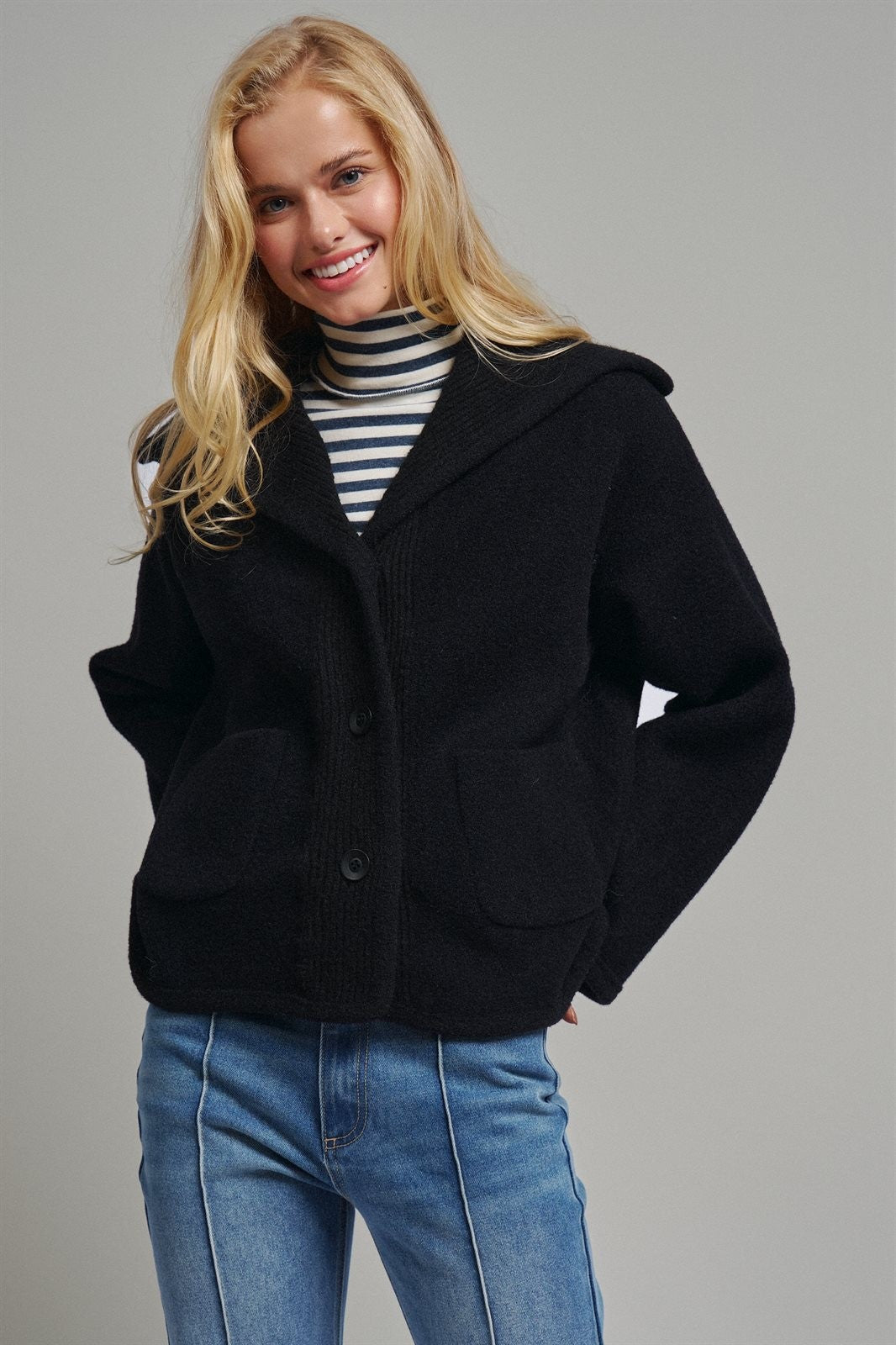 Hooded Button-Front Wool Blend Short Jacket in BLACK - Women's Jackets & Blazers | Urban Daizy