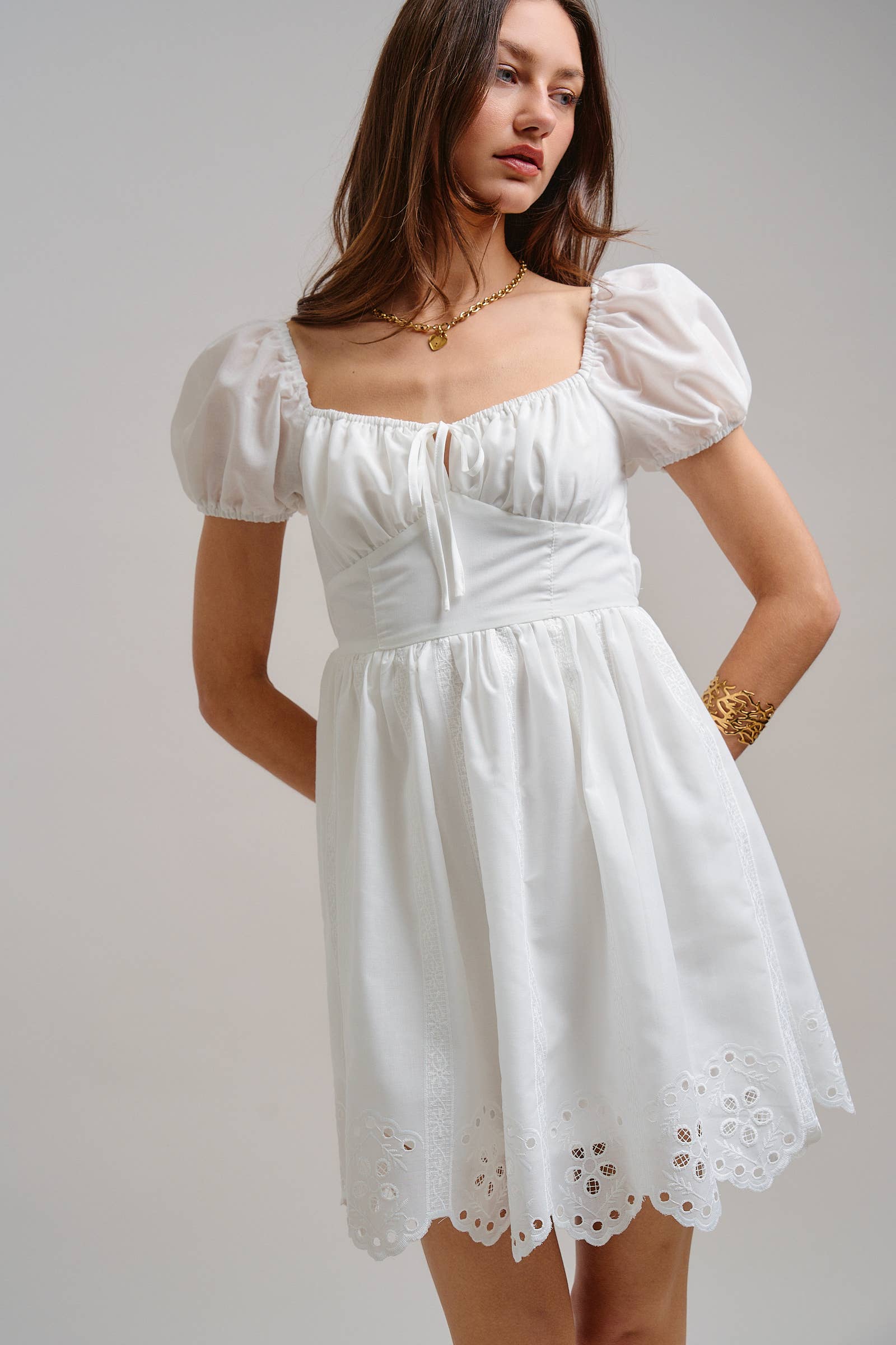 Urban Daizy Romantic Eyelet Puff Sleeve Mini Dress White Dress - Women's (TNDR1642-White)