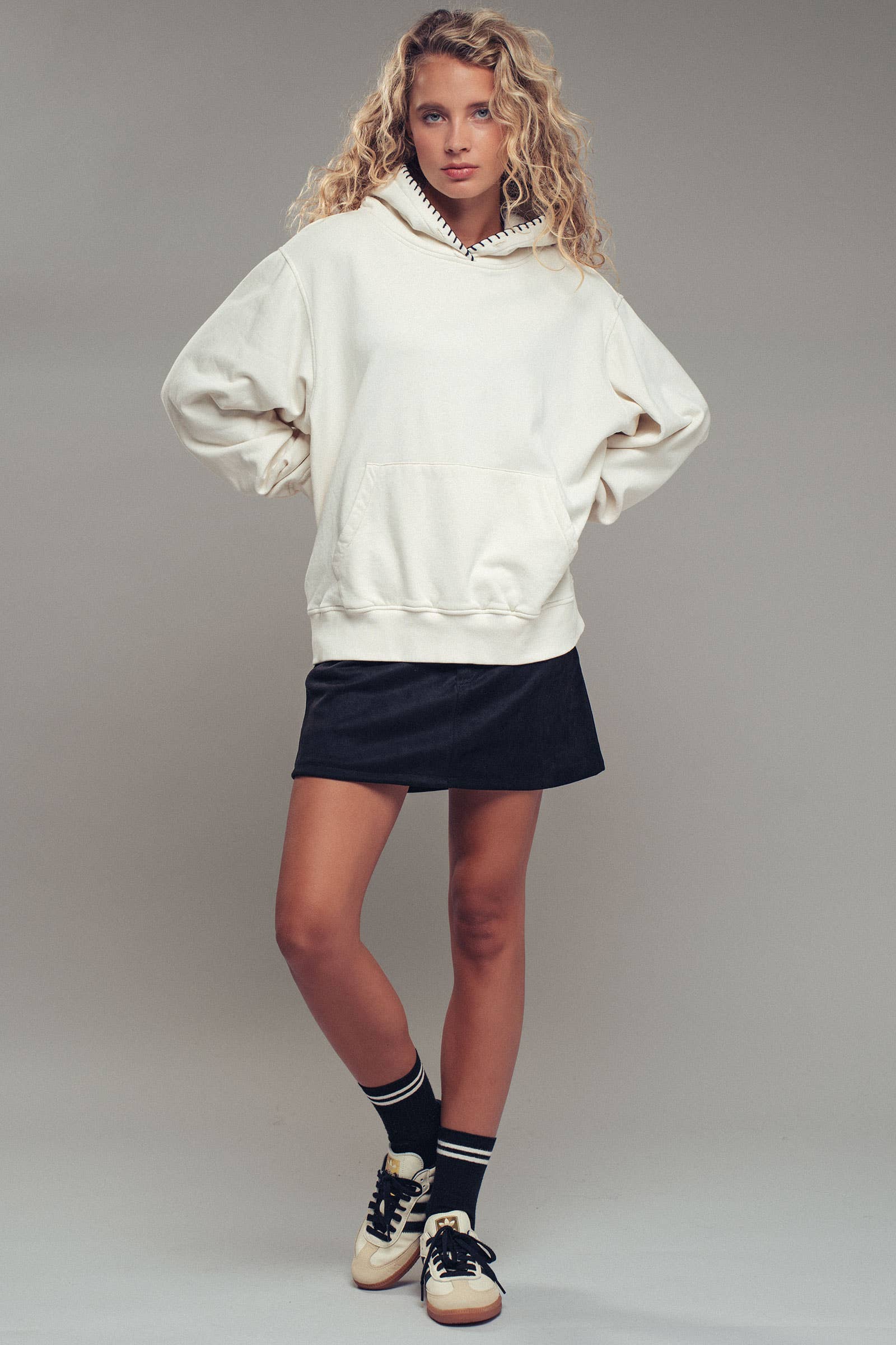 Vintage-Wash Crochet Trim Hooded Sweatshirt