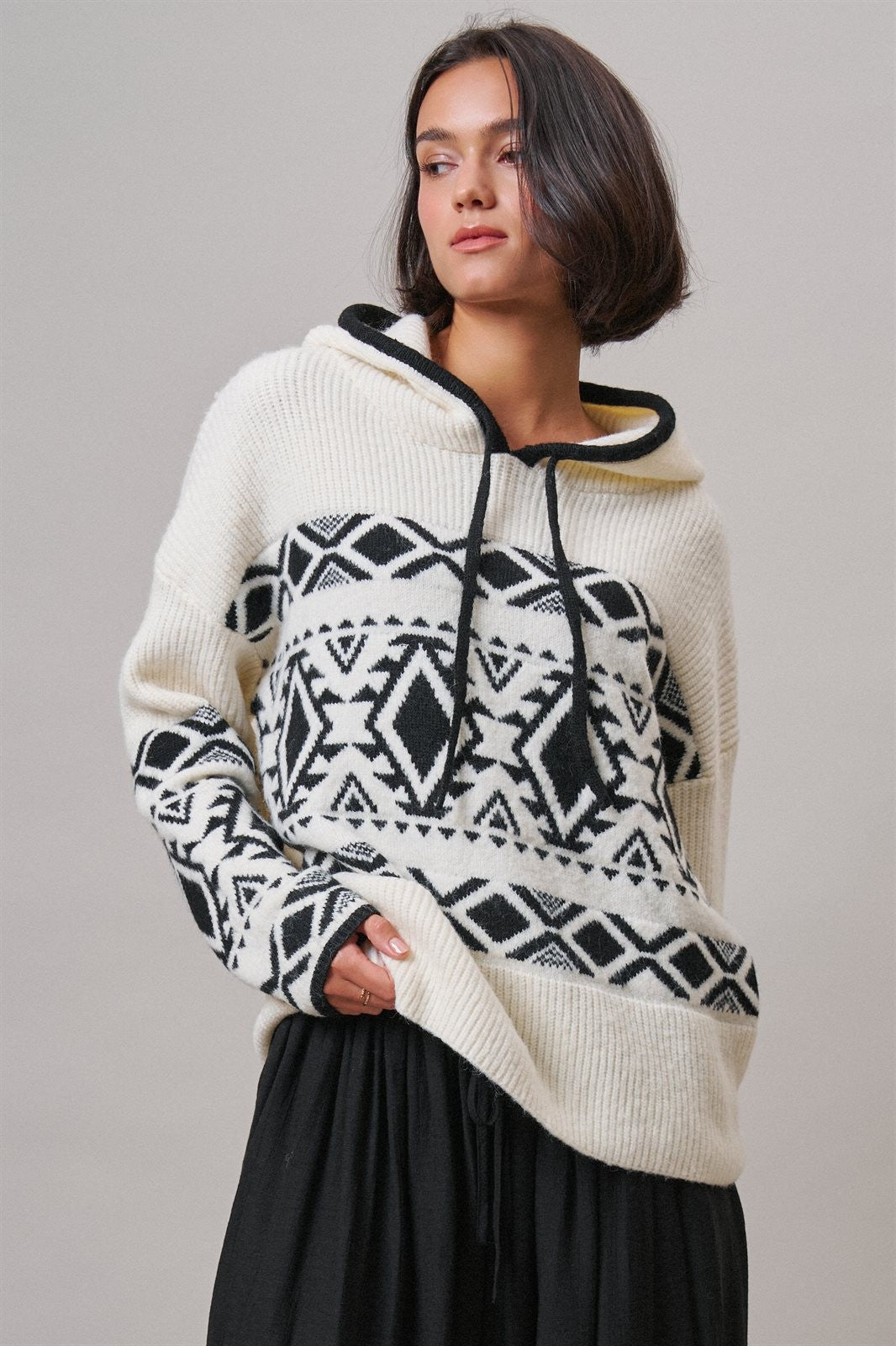 Nordic Fair Isle Hooded Sweater Wool Blend in IVORY BLACK - Women's Sweaters | Urban Daizy