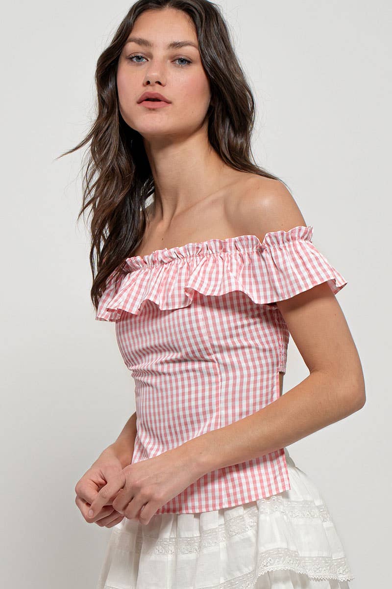Urban Daizy Gingham Ruffle Off-Shoulder Crop Top Pink Blouse - Women's (UDZ-TP-01034) – alternate view 35