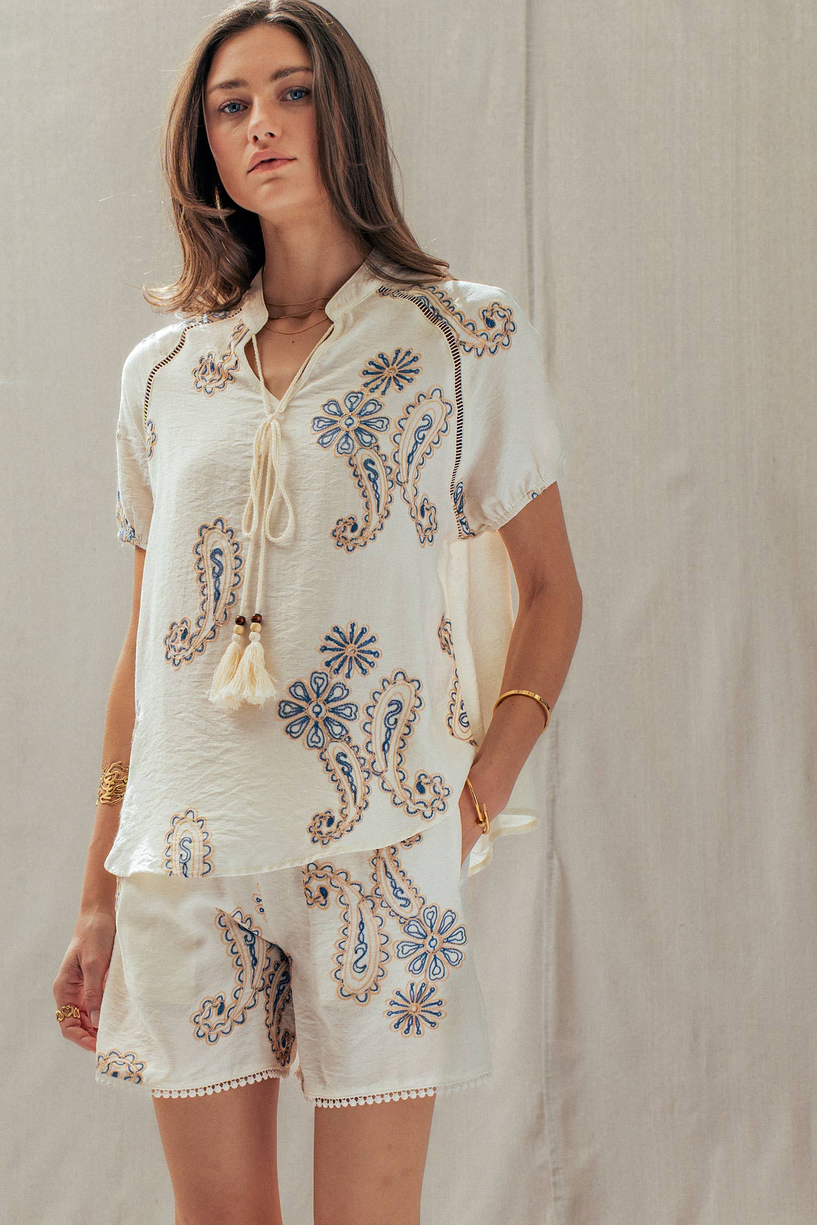 Paisley Embroidered Linen Blend Tassel Top