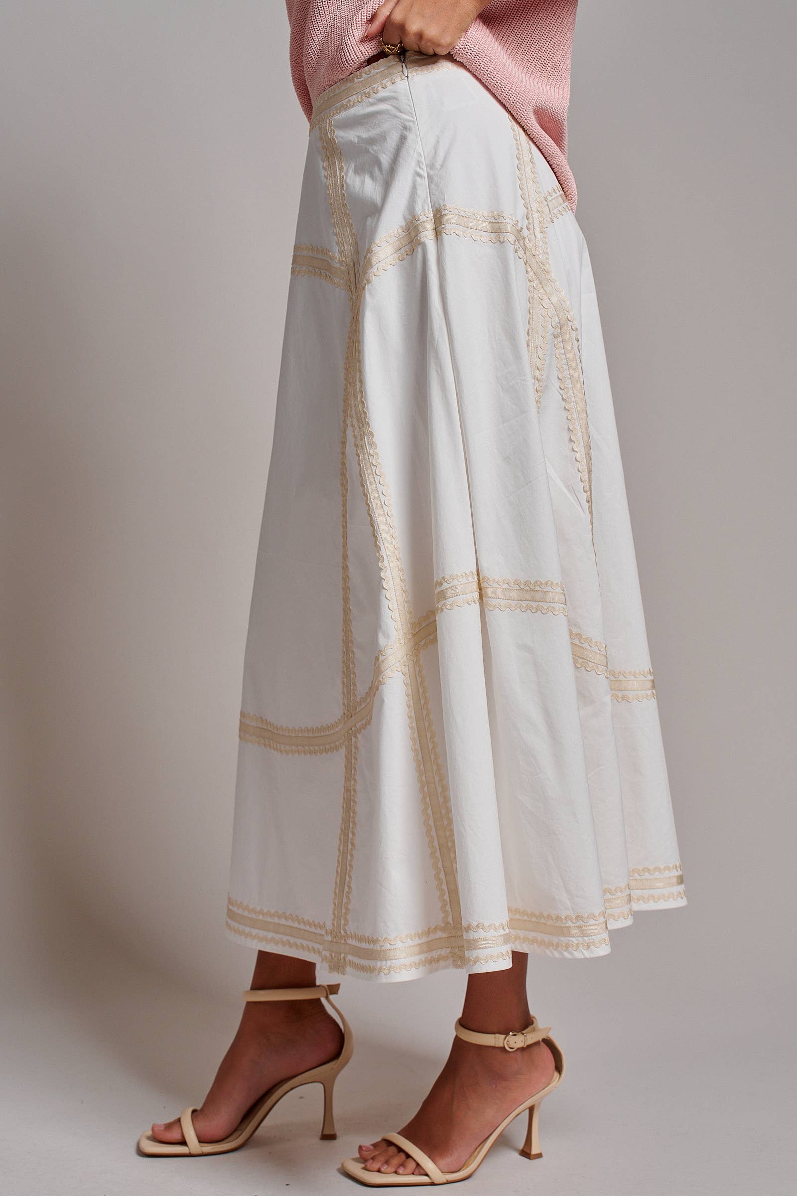 Contrast Rickrack Trim Cotton A-Line Midi Skirt