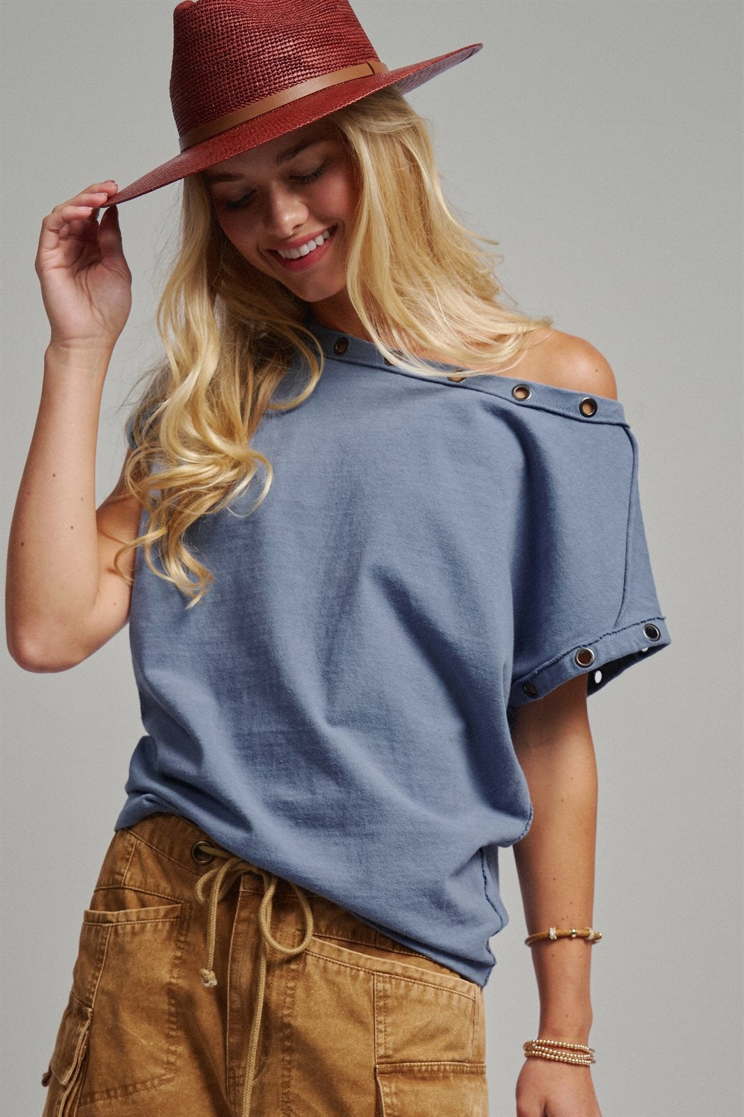 Grommet Trim Washed Cotton Boat Neck Top in VINTAGE NAVY - Women's T-Shirts & Polos | Urban Daizy