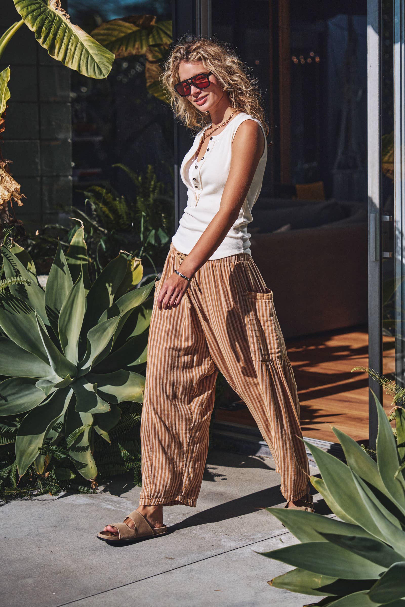 Striped Cotton Drawstring Harem Pants