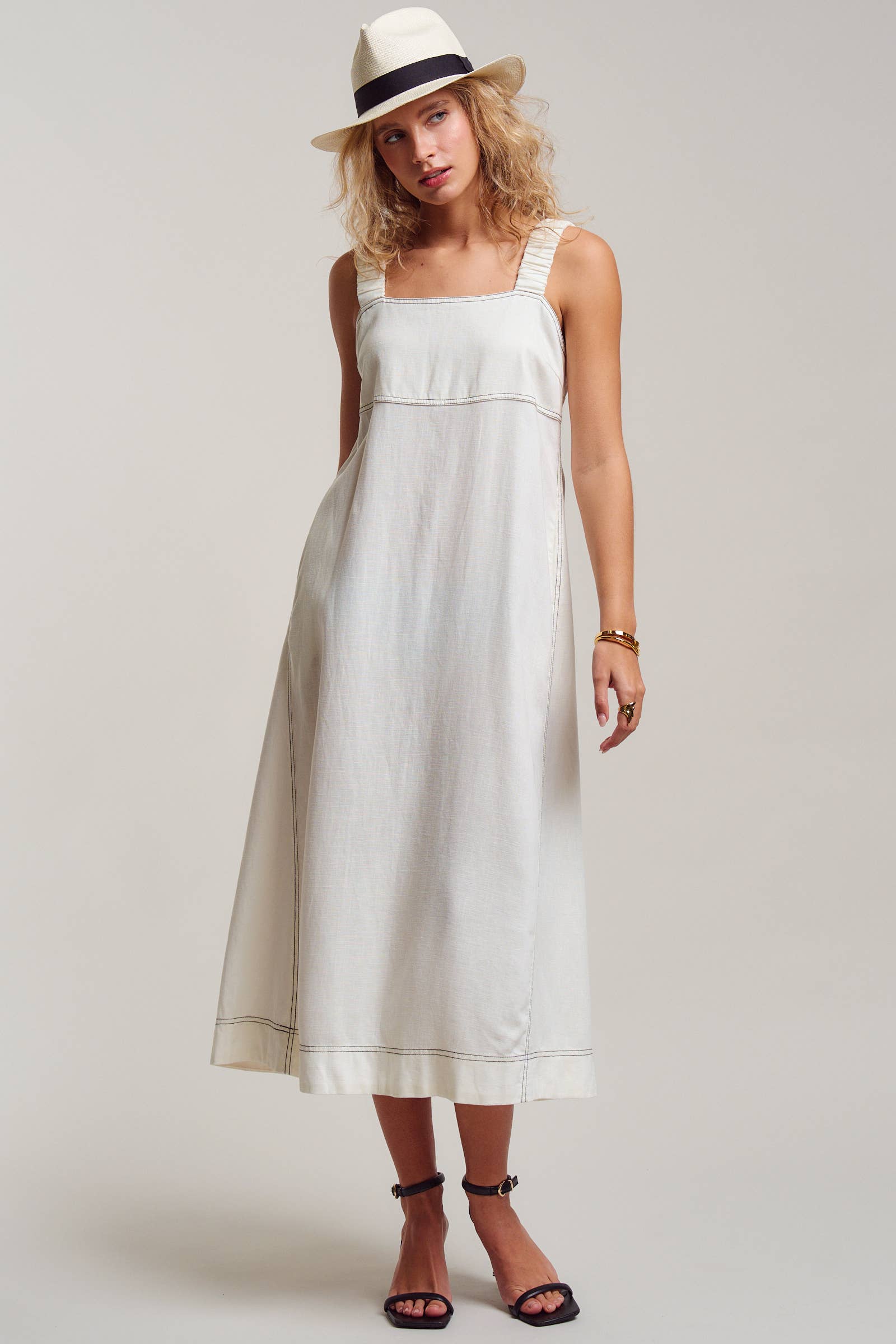 Contrast Stitch Square Neck Tencel Linen Midi Dress