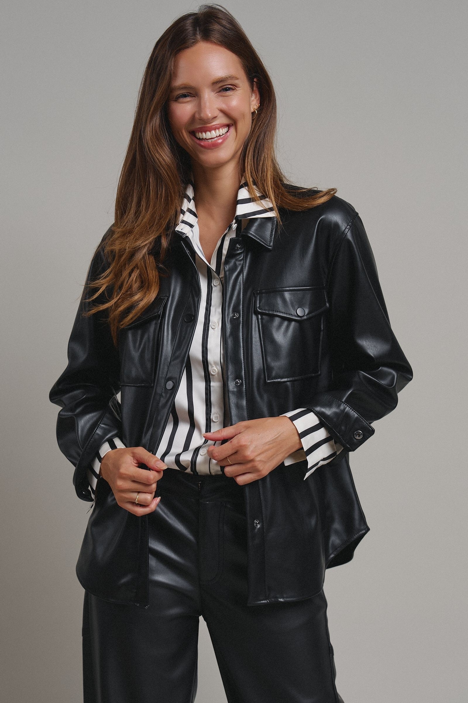 Faux Leather Pocket Shirt with Snap Closure