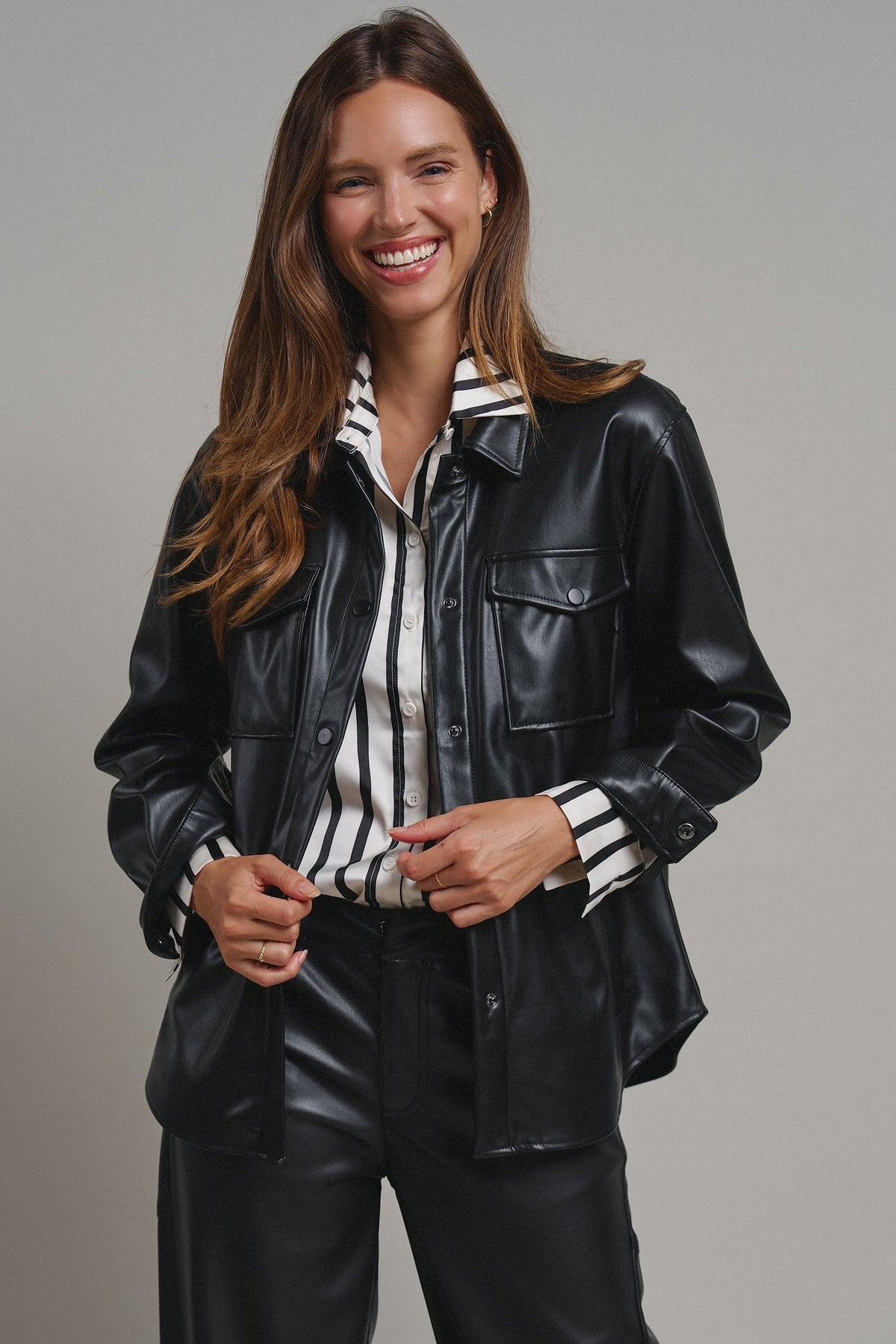 Faux Leather Pocket Shirt with Snap Closure