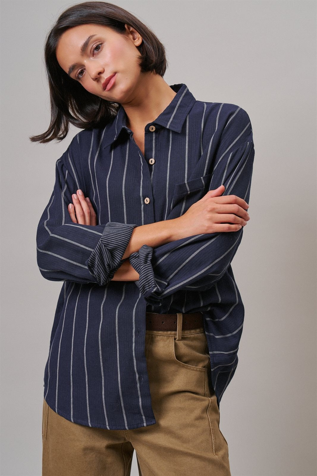 Oversized Striped Cotton Button-Down Shirt in NAVY - Women's Shirts & Blouses | Urban Daizy