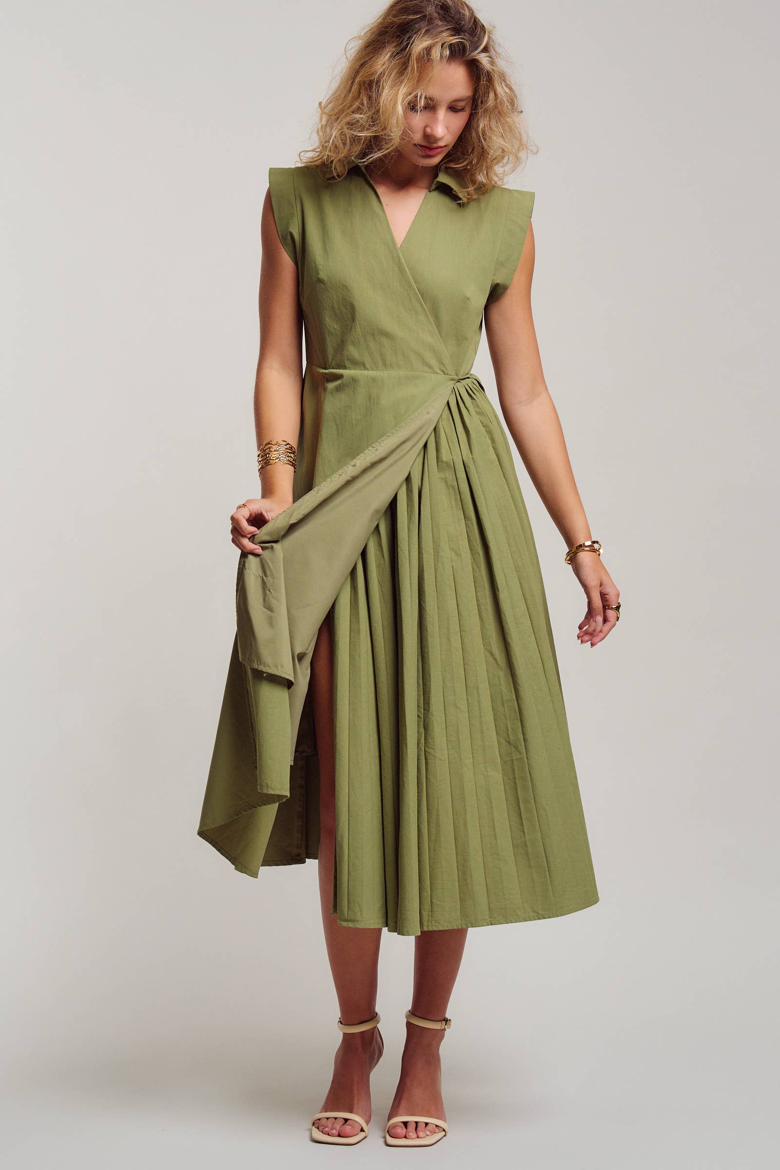 Collared Cap Sleeve Wrap Midi Dress