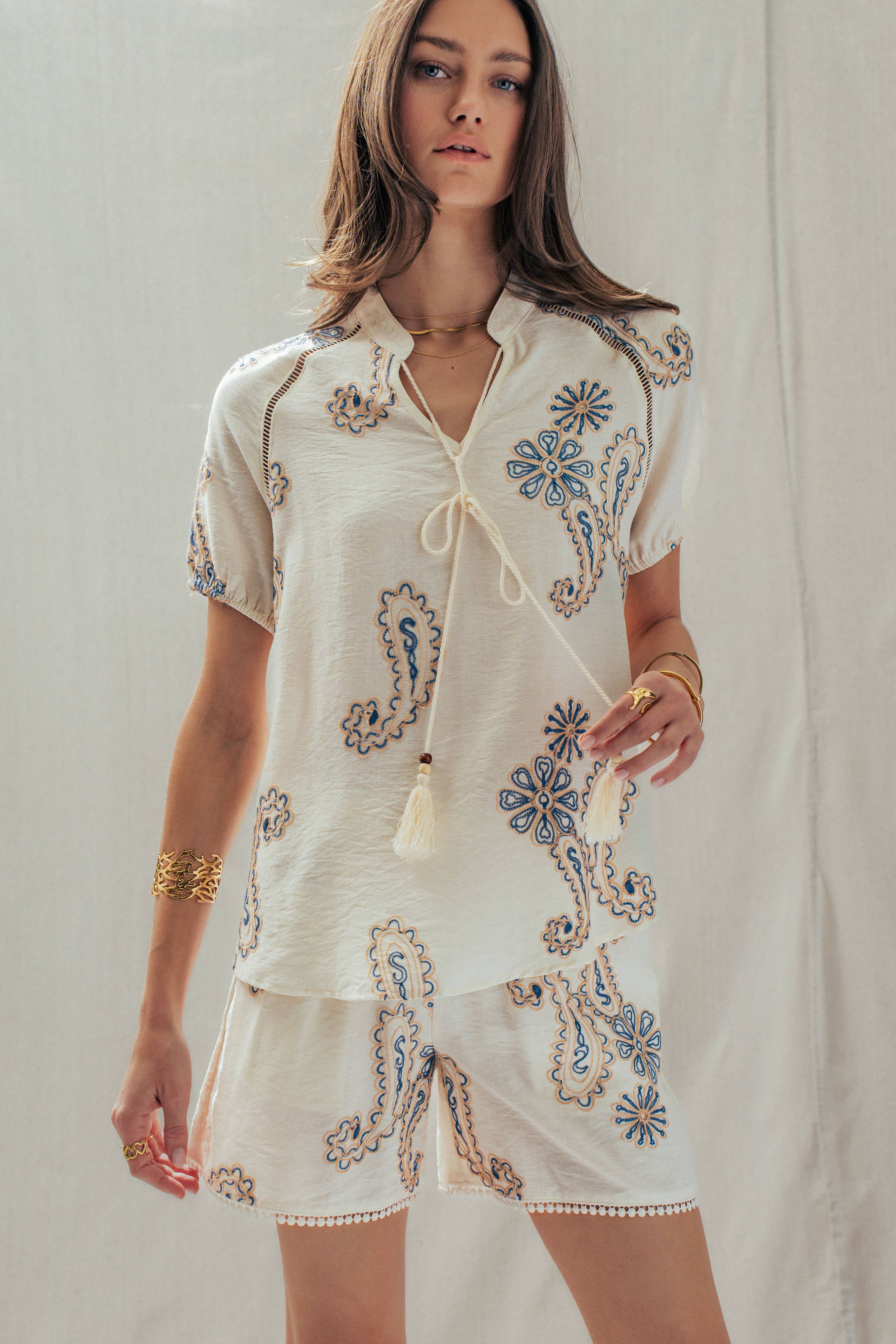 Paisley Embroidered Linen Blend Tassel Top