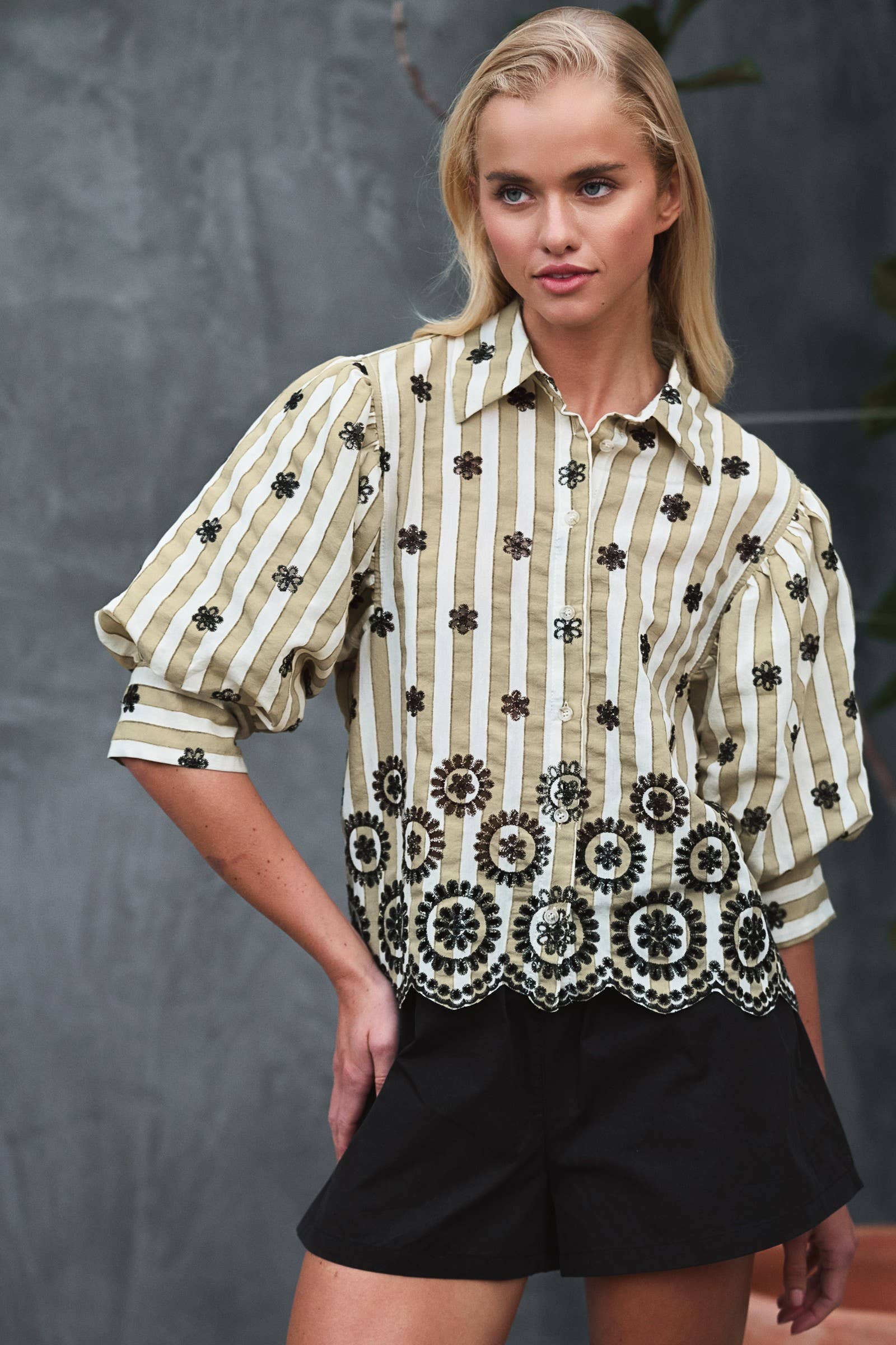 Urban Daizy Striped Floral Embroidered Scallop Blouse Olive Button Down Shirt - Women's (UDZ-TP-00953) – alternate view 5