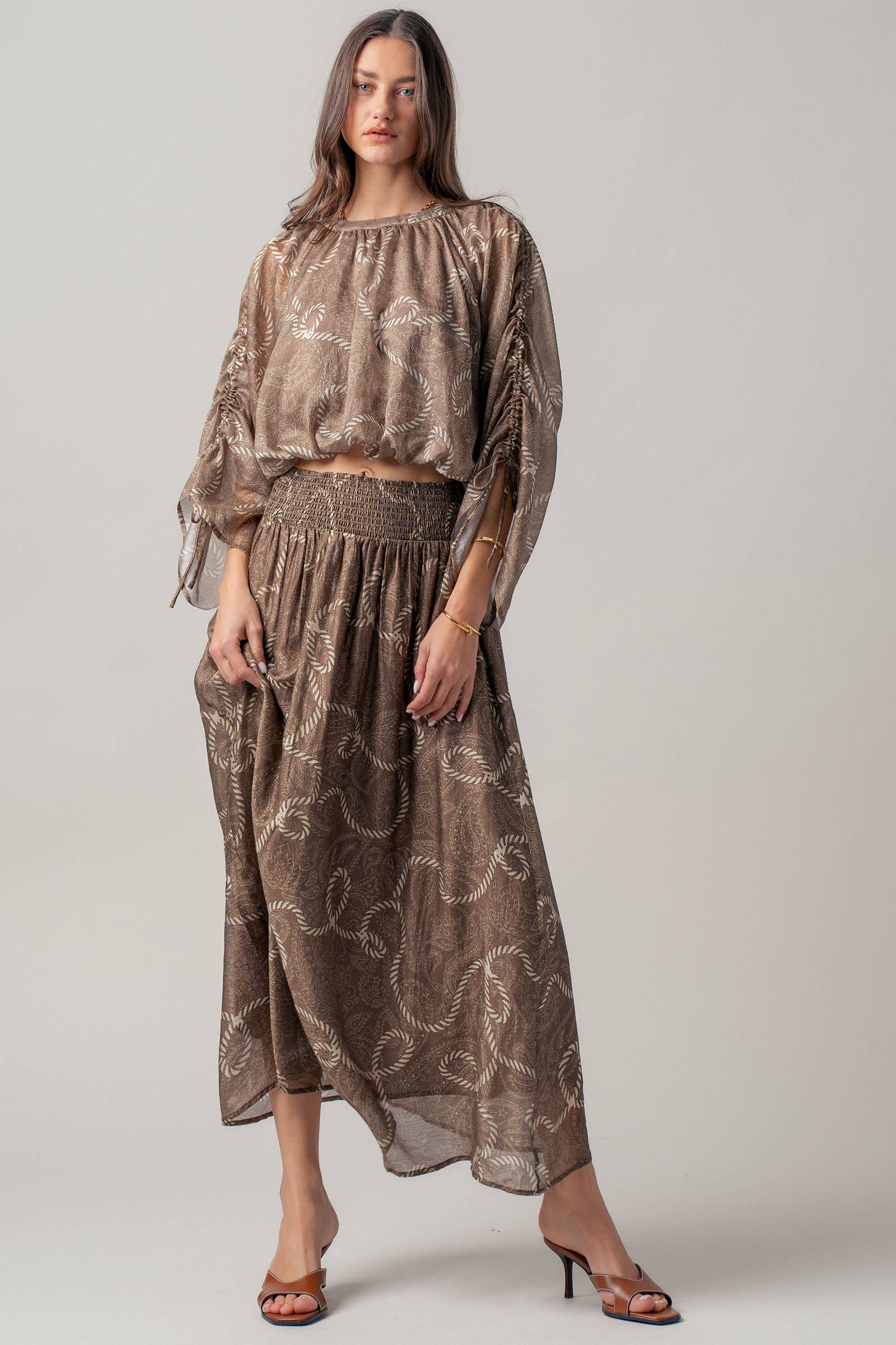 Rope Print Smocked Waist Maxi Skirt Linen Silk
