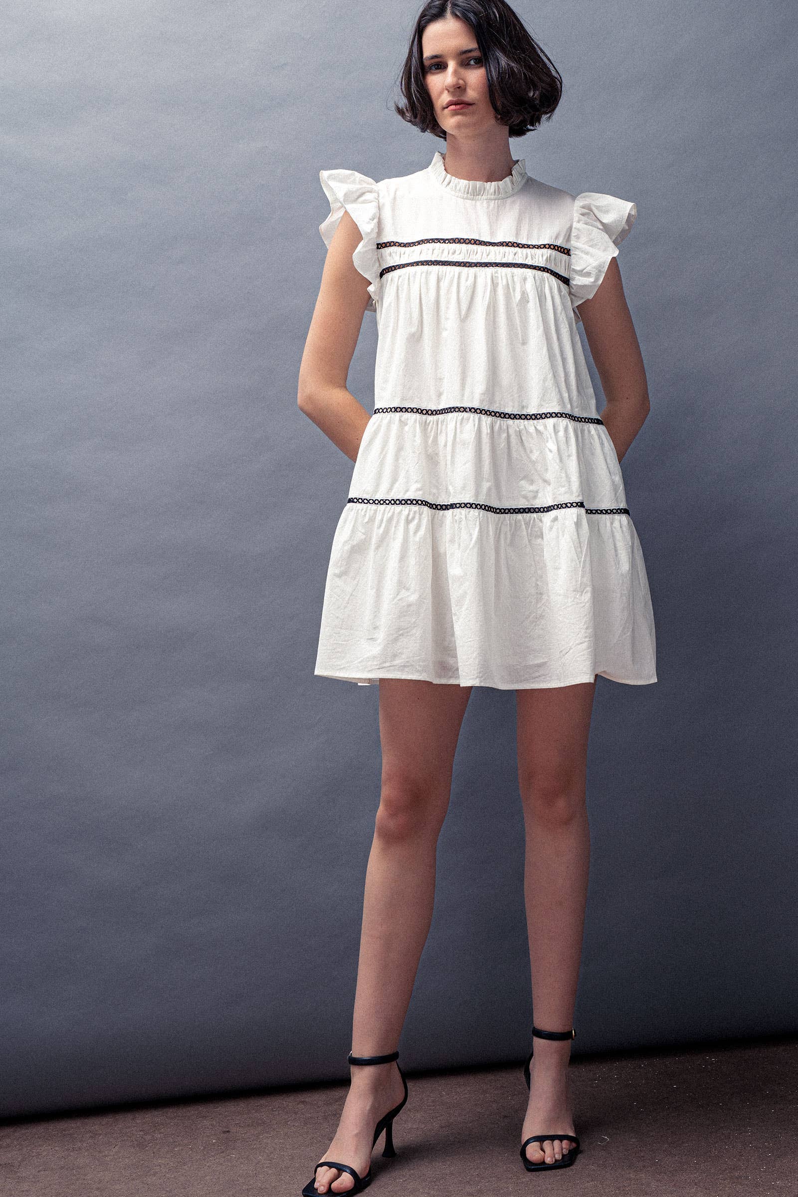 Urban Daizy Lace Trim Ruffle Sleeve Tiered Spring Mini Dress Black Dress - Women's (UDZ-DR-00204) – alternate view 12