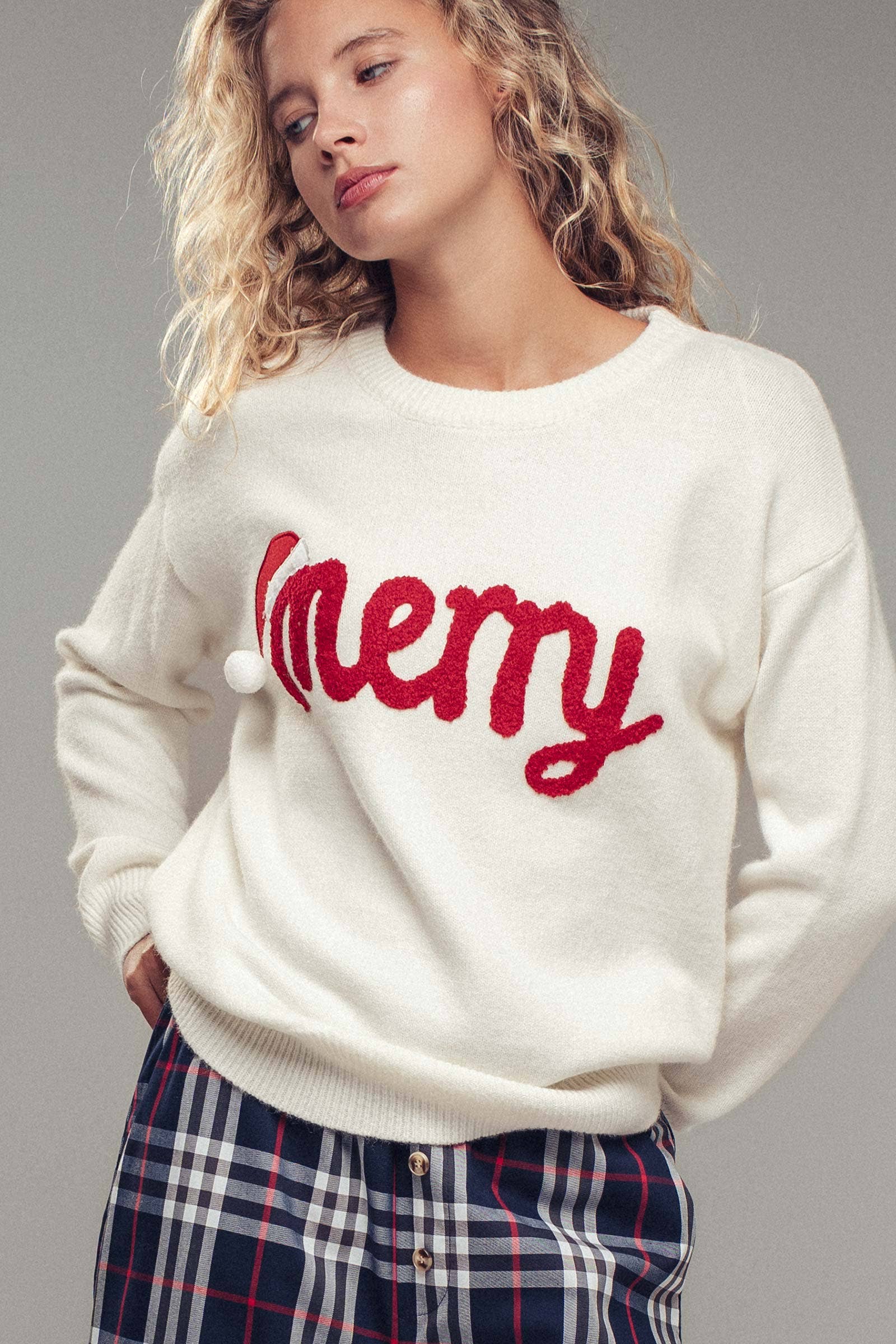 Urban Daizy Merry Embroidered Crewneck Sweater Ivory Knit Sweater - Women's (UDZ-KN-00488) – alternate view 9
