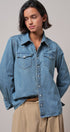 Western Pearl Snap Denim Button-Down Shirt in DENIM BLUE - Women's Shirts & Blouses | Urban Daizy