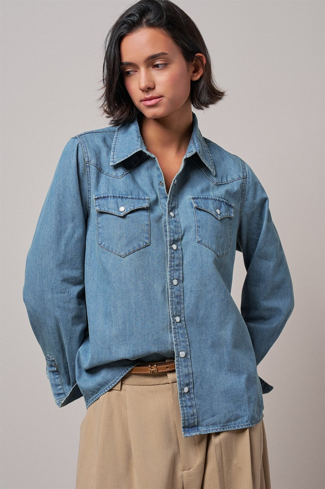 Western Pearl Snap Denim Button-Down Shirt in DENIM BLUE - Women's Shirts & Blouses | Urban Daizy