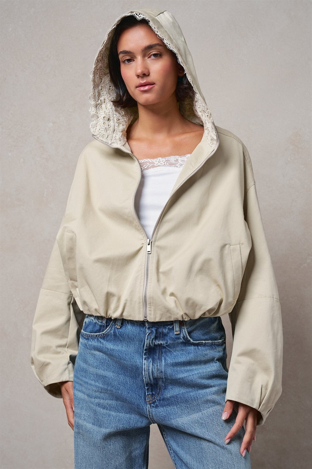 Oversized Hooded Zip-Front Cotton Jacket in KHAKI - Women's Jackets & Blazers | Urban Daizy