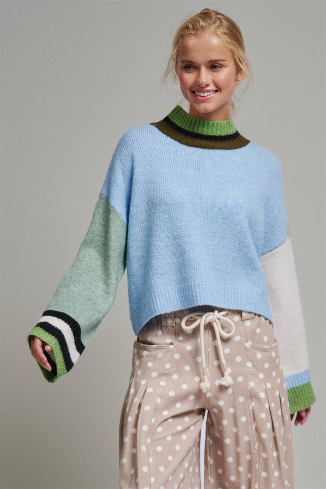 Paneled Hues Knit Sweater in BLUE SAGE - Women's Sweaters | Urban Daizy
