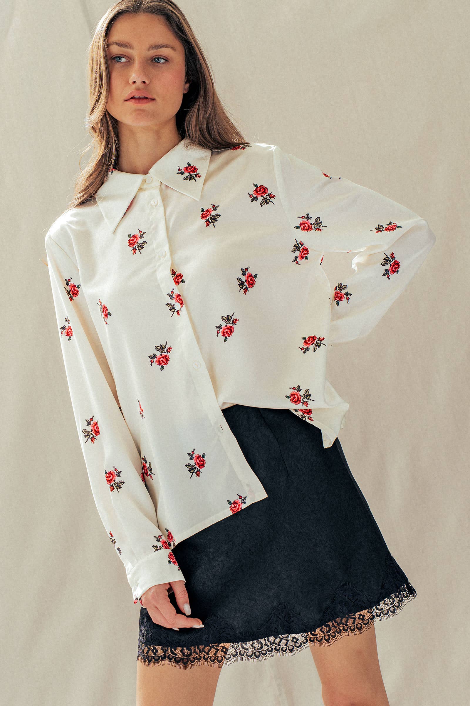 Rose Print Satin Button-Up Blouse