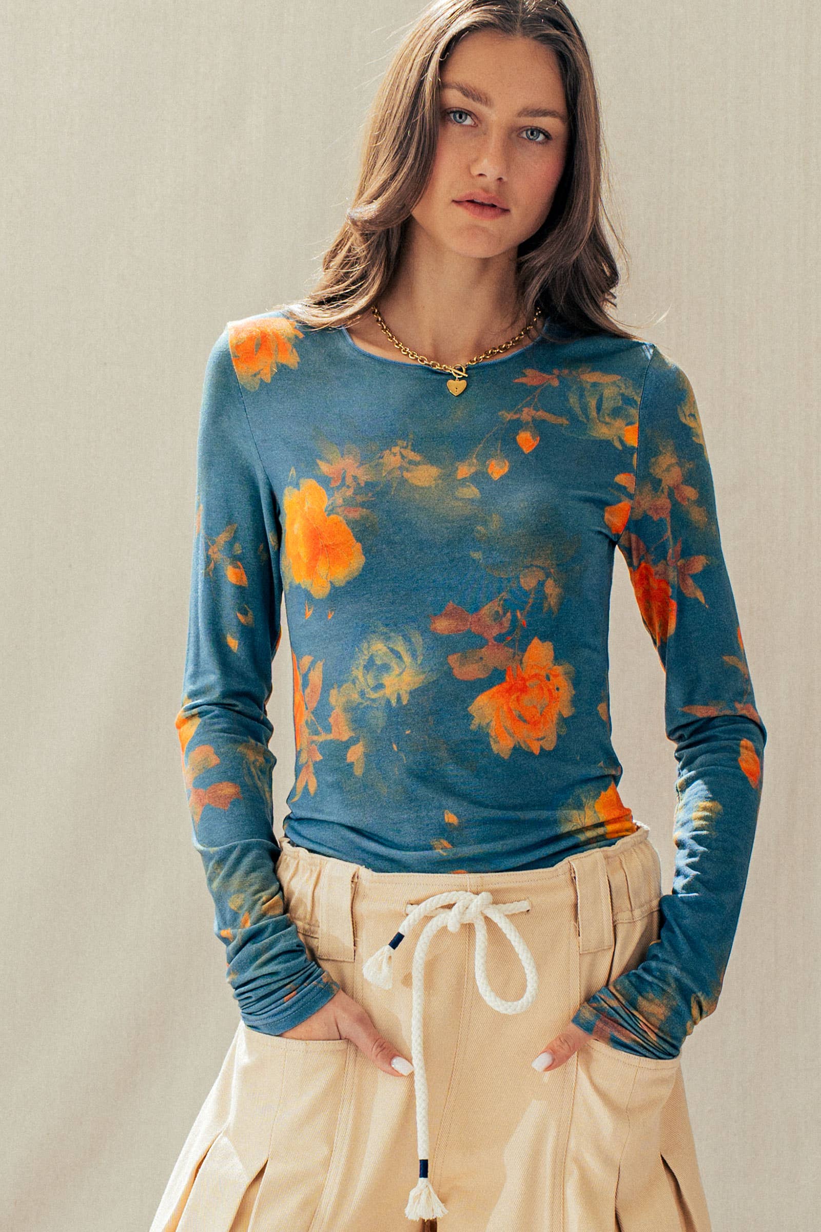 Vintage Floral Long Sleeve Top Tencel Wool Blend