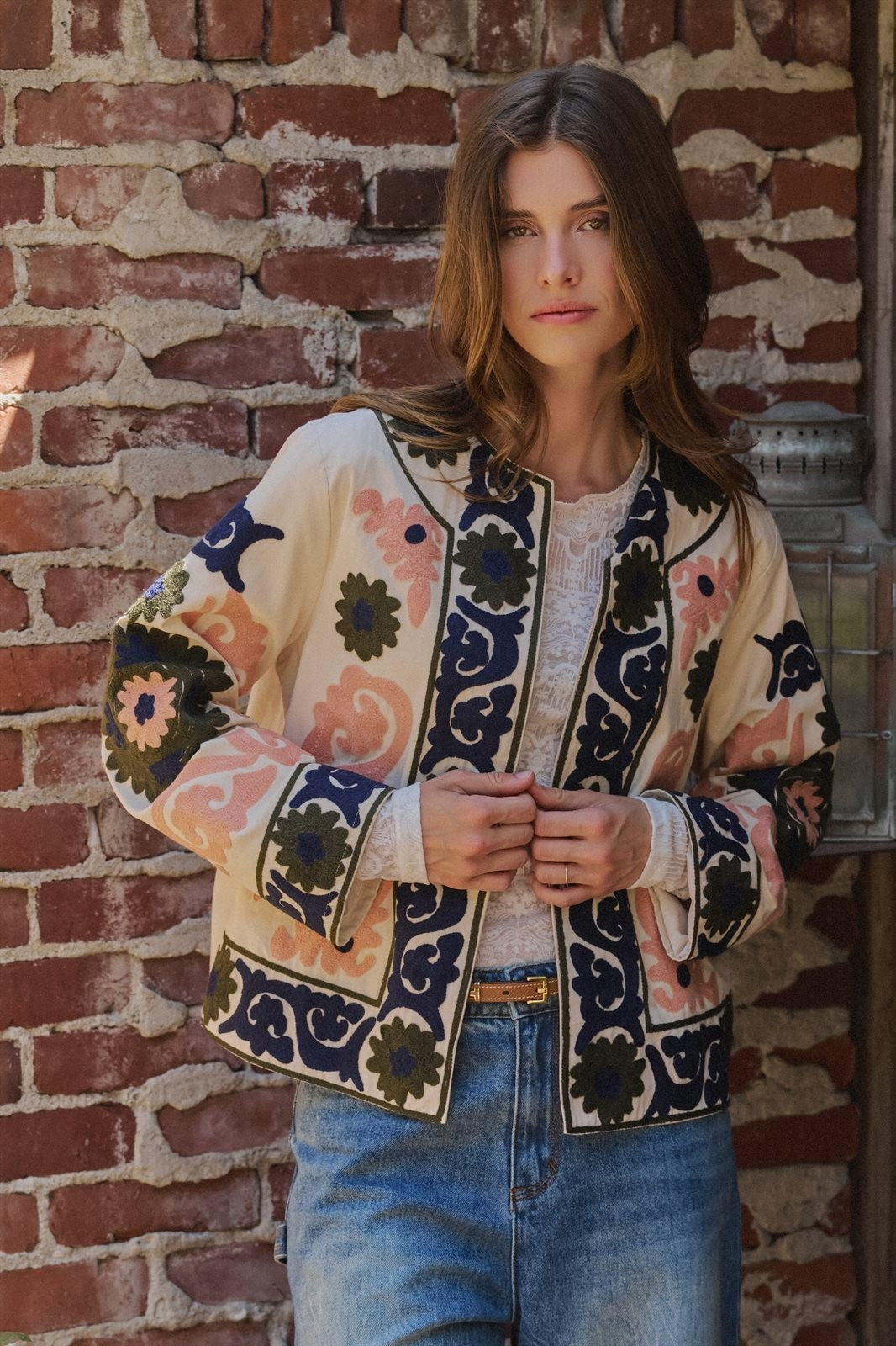 Suzani Embroidered Cotton Jacket with Floral Scroll in CREAM - Women's Jackets & Blazers | Urban Daizy