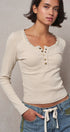 Ribbed Henley Top with Crochet Trim Neckline in IVORY - Women's T-Shirts & Polos | Urban Daizy