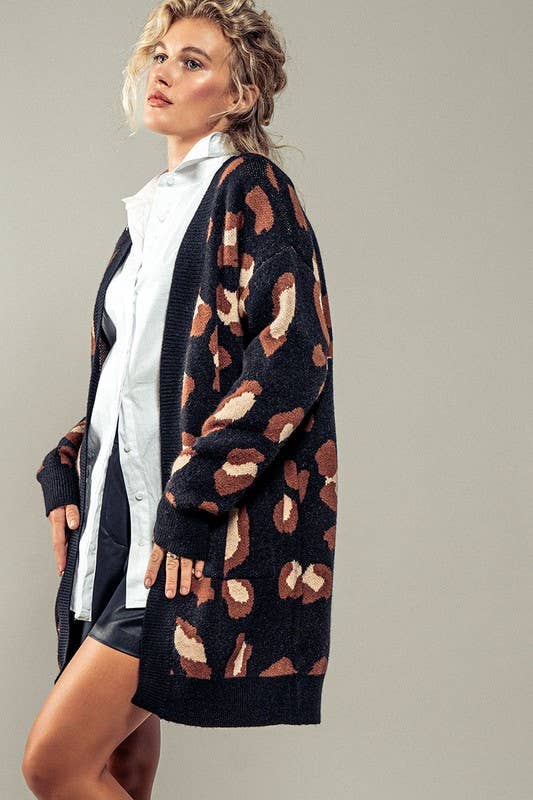 Urban Daizy Chic Animal Print Open Front Knit Cardigan Black Cardigan - Women's (UDZ-KN-00571)