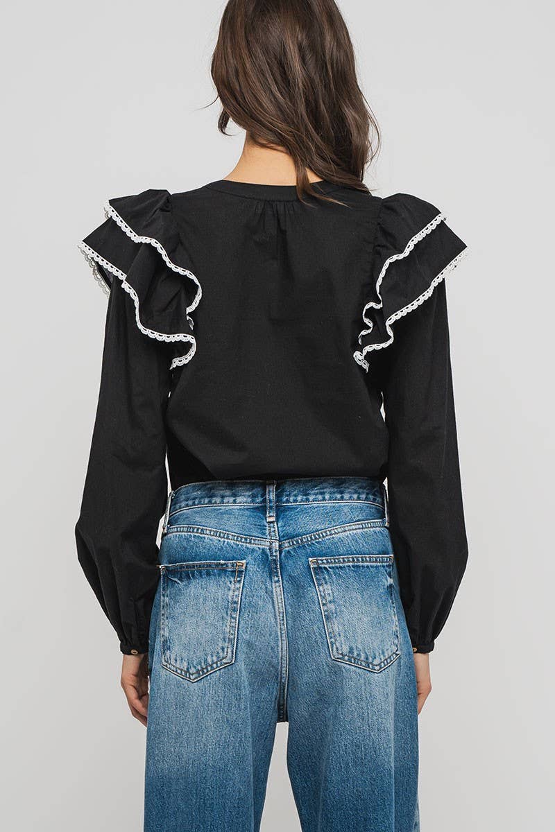 Urban Daizy Ruffled Shoulder V Neck Button Down Blouse White Black Blouse - Women's (UDZ-TP-00746) – alternate view 12