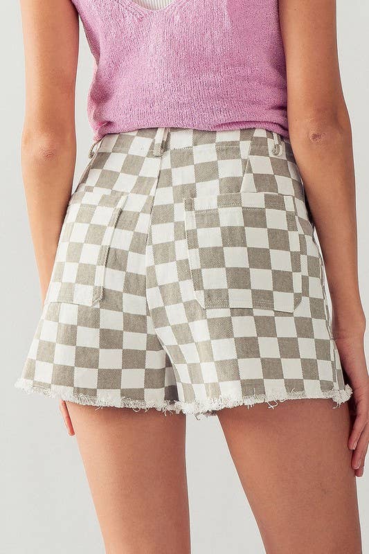 Retro Checkerboard Raw Hem Denim Shorts