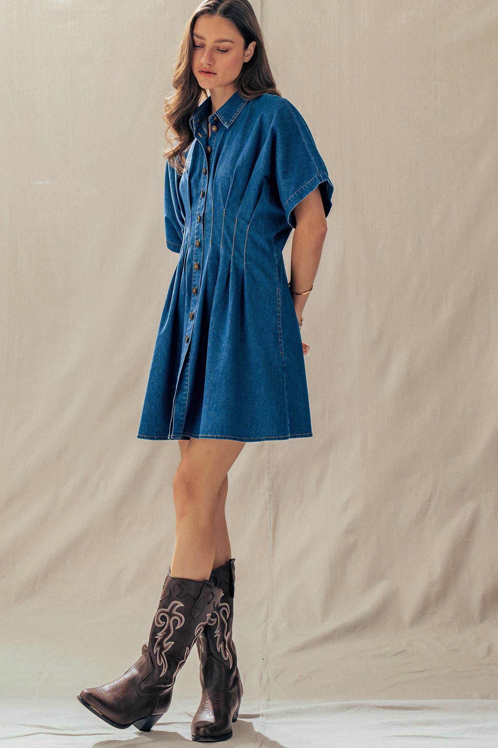 Tailored Waist Short Sleeve Denim Shirtdress