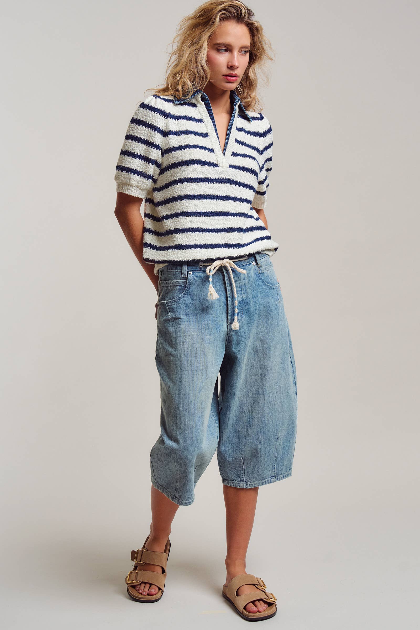 Urban Daizy Denim Collar Striped Textured Knit Puff Sleeve Polo Ivory-Blue Polo - Women's (UDTP1433-Ivory-Blue) – alternate view 9