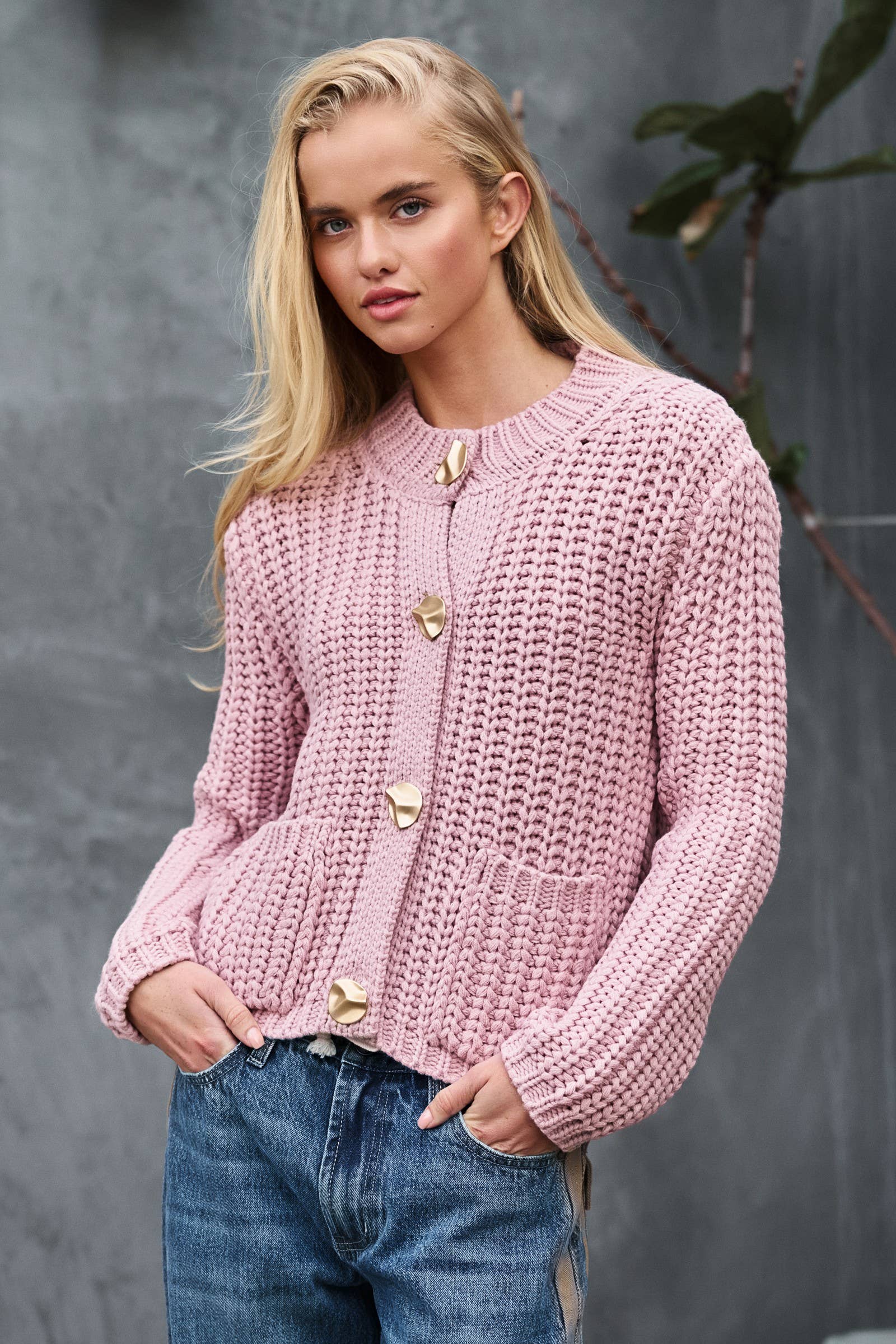 Chunky Gold Button Ribbed Knit Cardigan