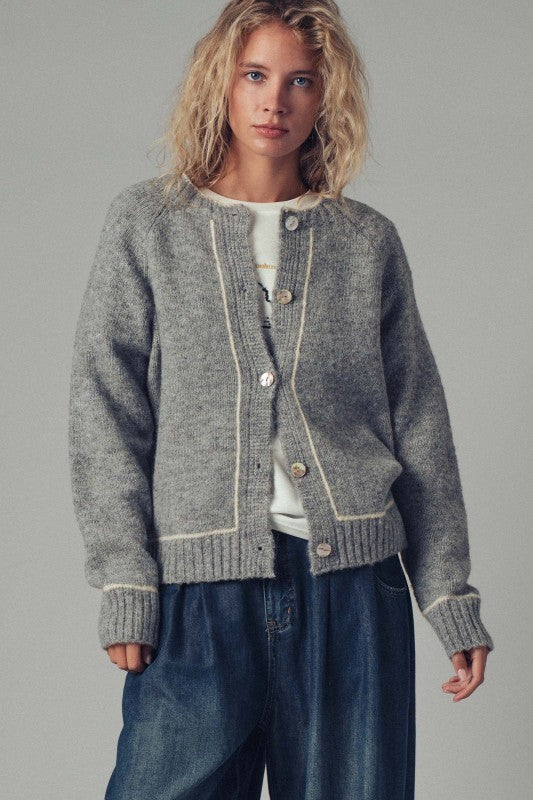 Wool Blend Sweater Cardigan with Statement Buttons in GREY - Women's Cardigans & Shrugs | Urban Daizy