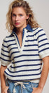 Urban Daizy Denim Collar Striped Textured Knit Puff Sleeve Polo Ivory-Blue Polo - Women's (UDTP1433-Ivory-Blue)