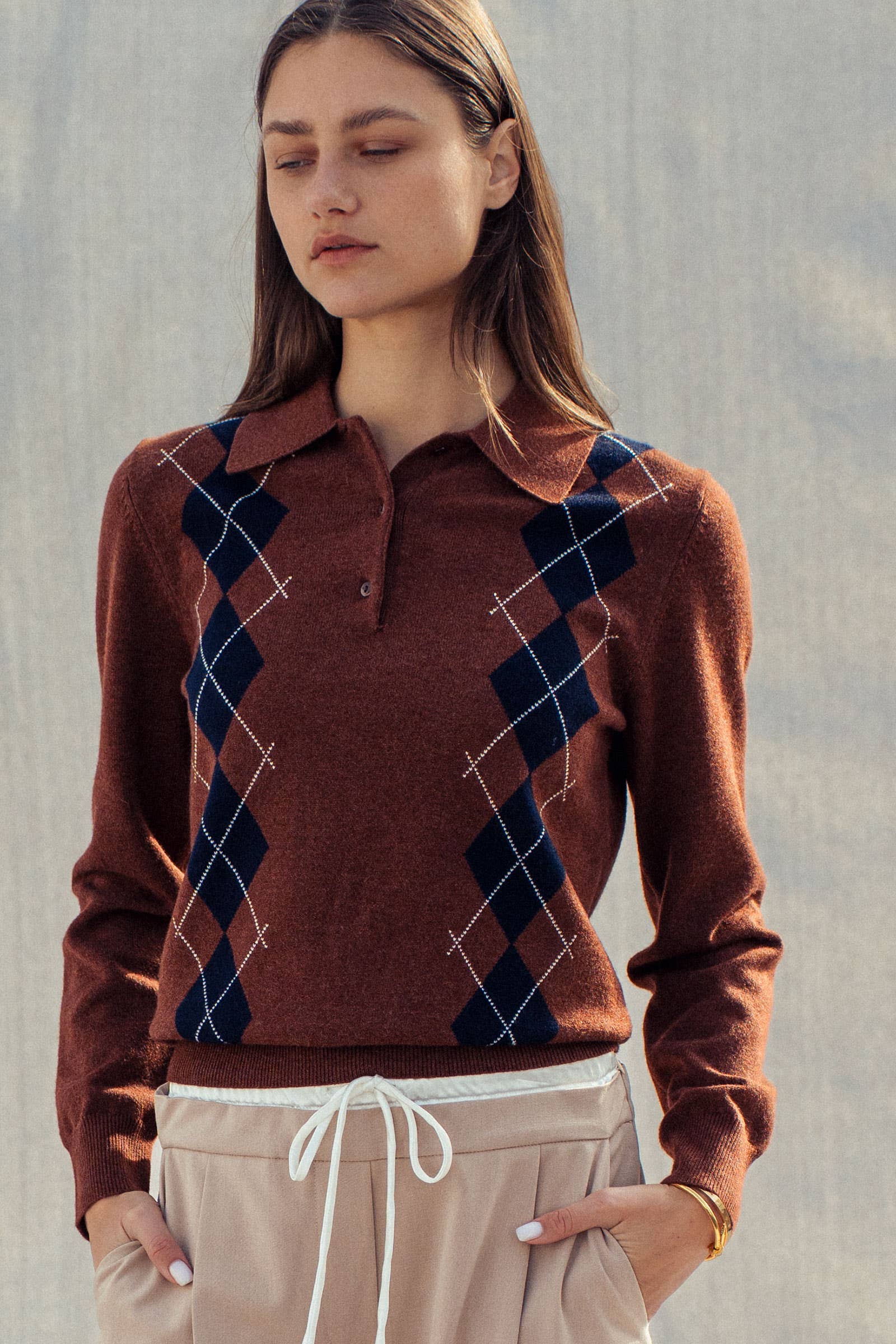 Classic Argyle Knit Polo Sweater