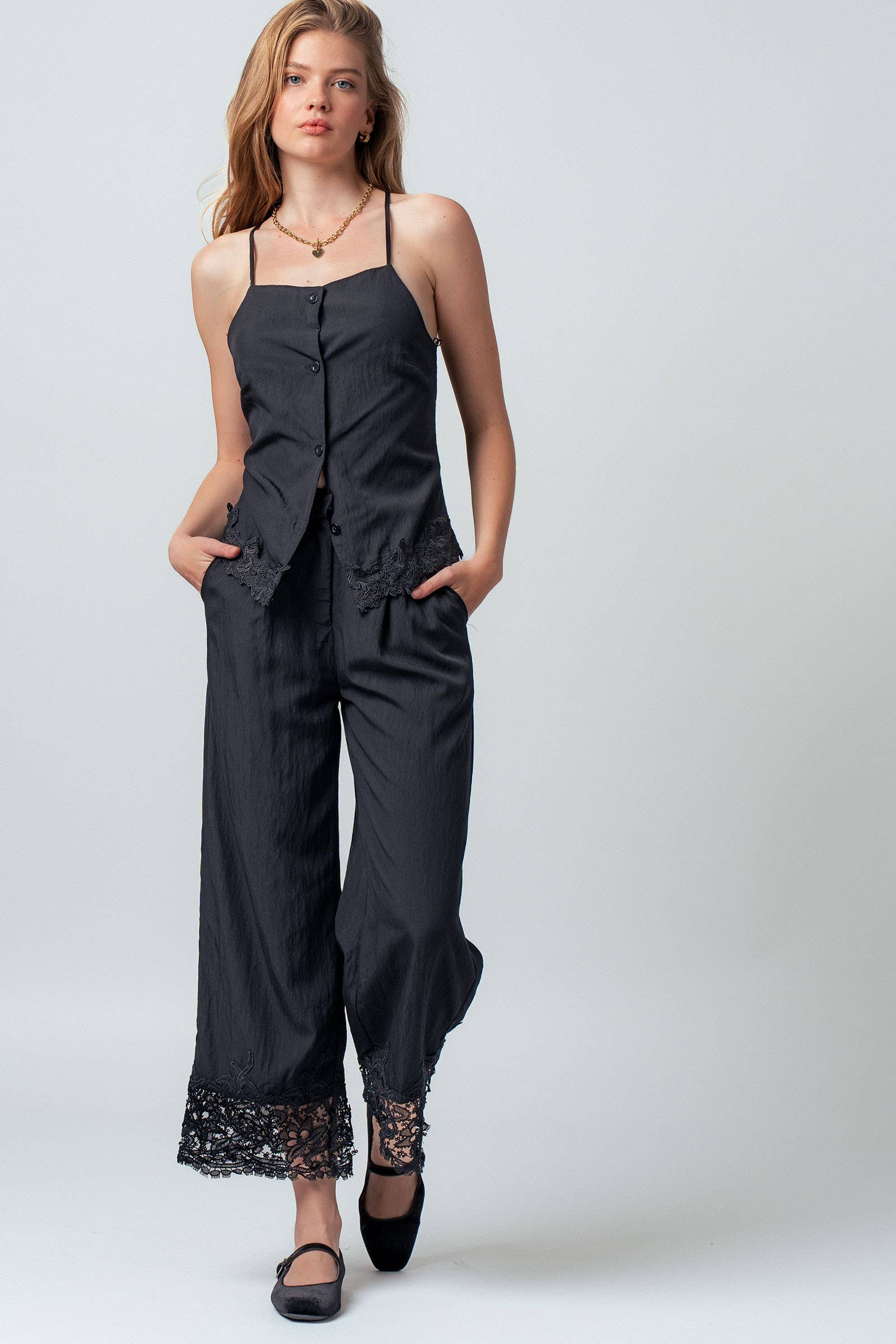 Crinkle Rayon Lace Trim Jumpsuit