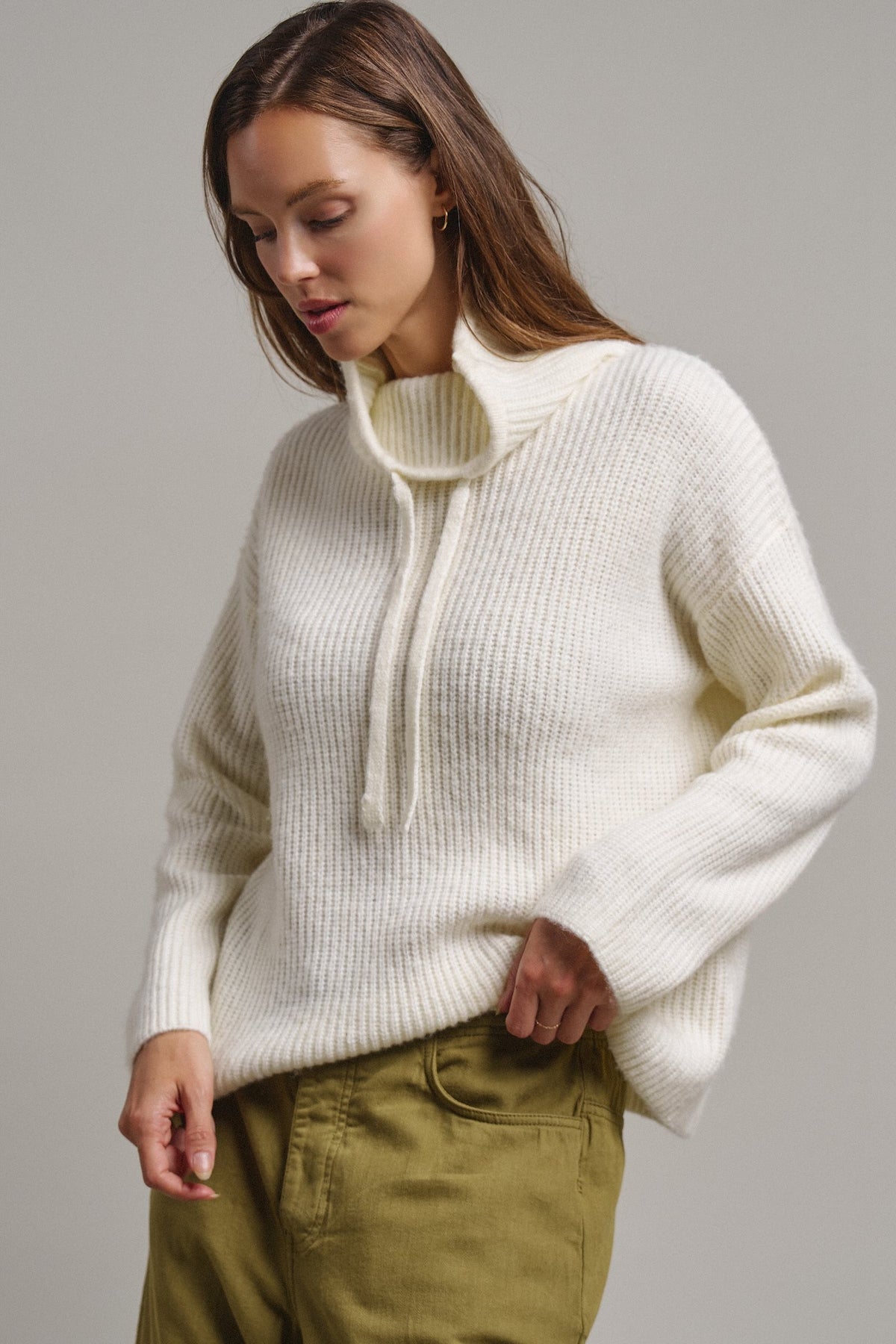 Ribbed Funnel Neck Knit Sweater in IVORY - Women's Sweaters | Urban Daizy