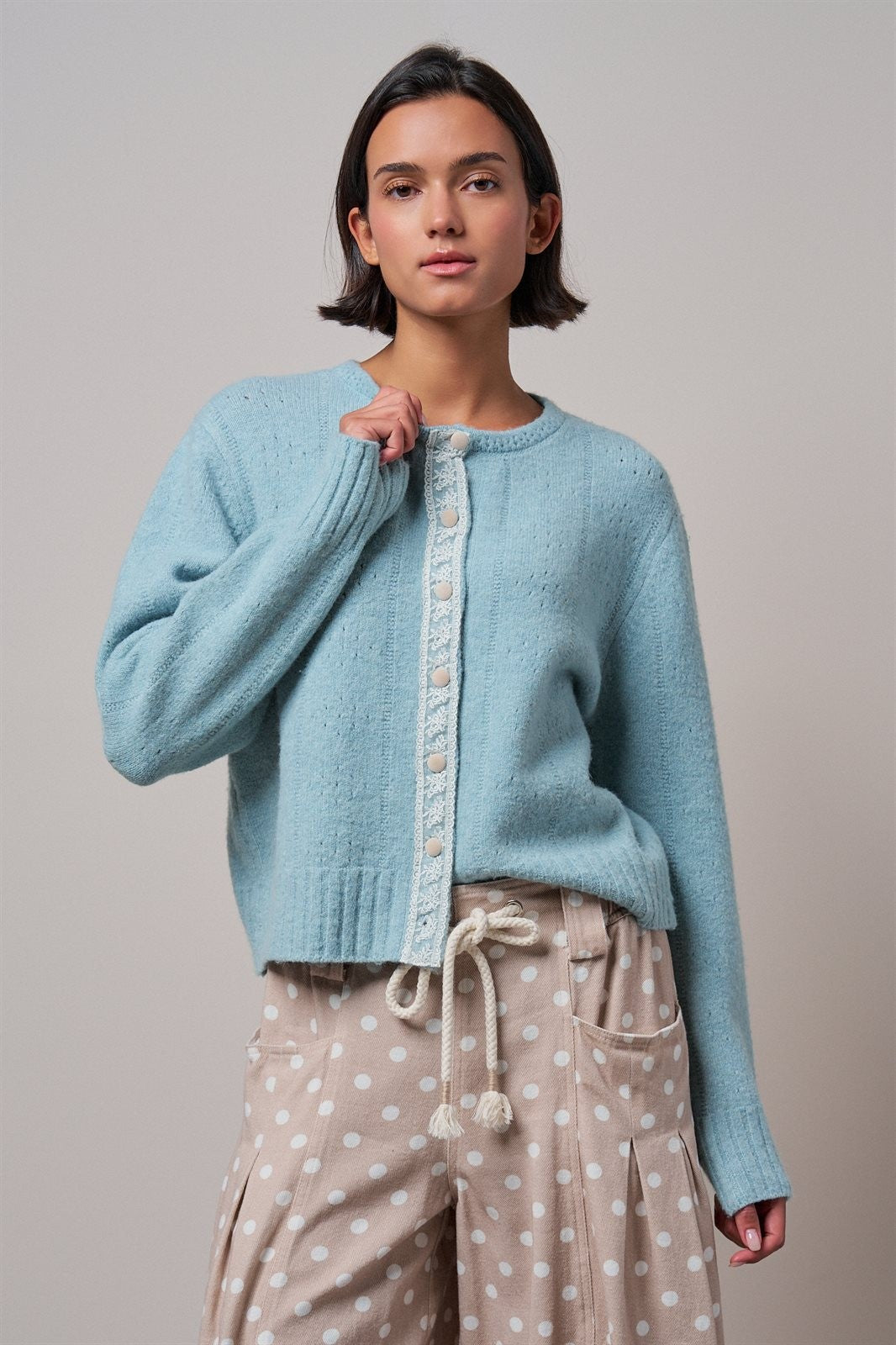 Elegant Wool Blend Cardigan with Lace Trim Detail in PASTEL BLUE - Women's Cardigans & Shrugs | Urban Daizy