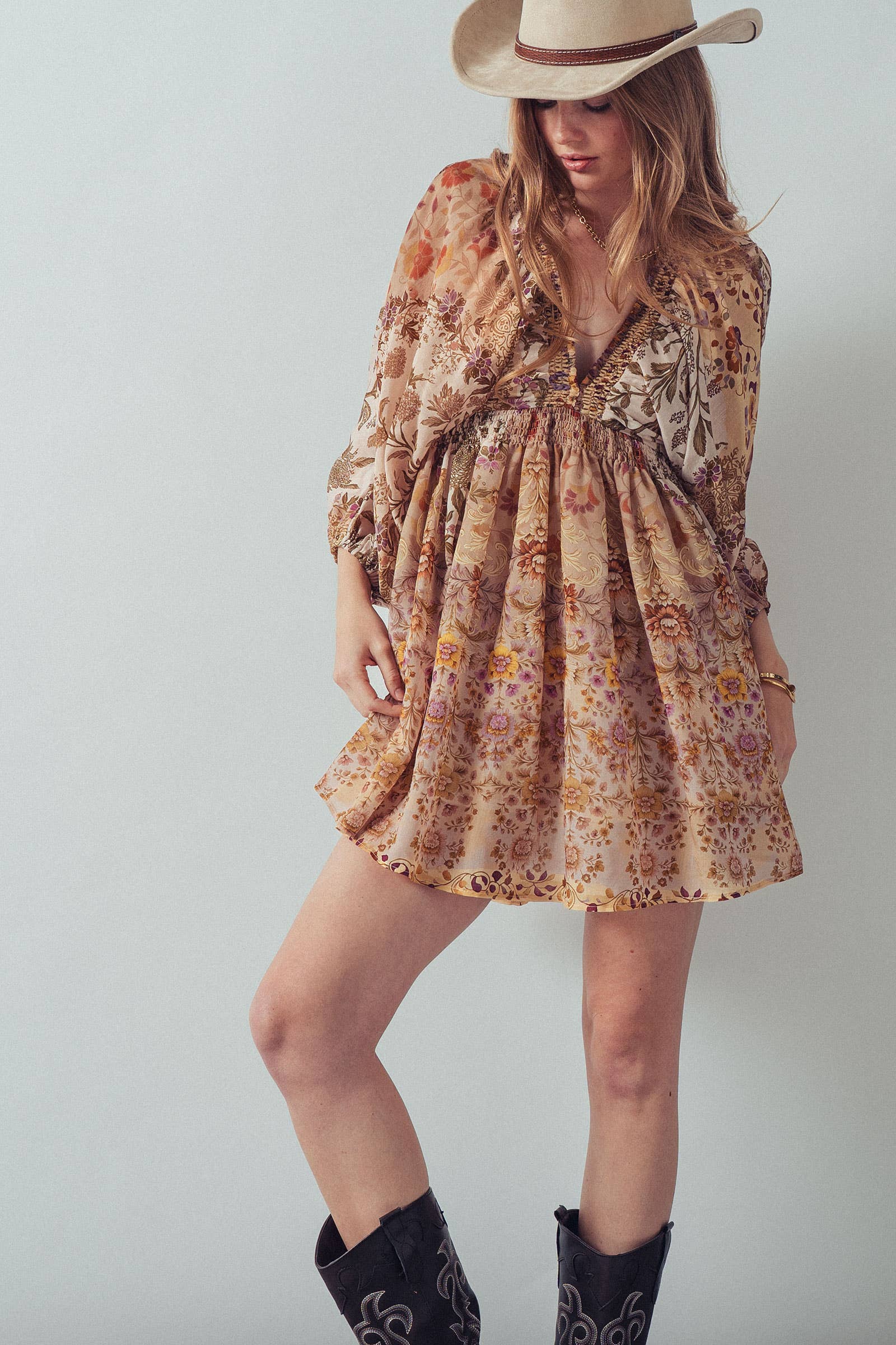 Urban Daizy Mixed-Print Boho Smocked Waist Mini Dress Taupe-Multi Dress - Women's (UDZ-DR-00478) – alternate view 16