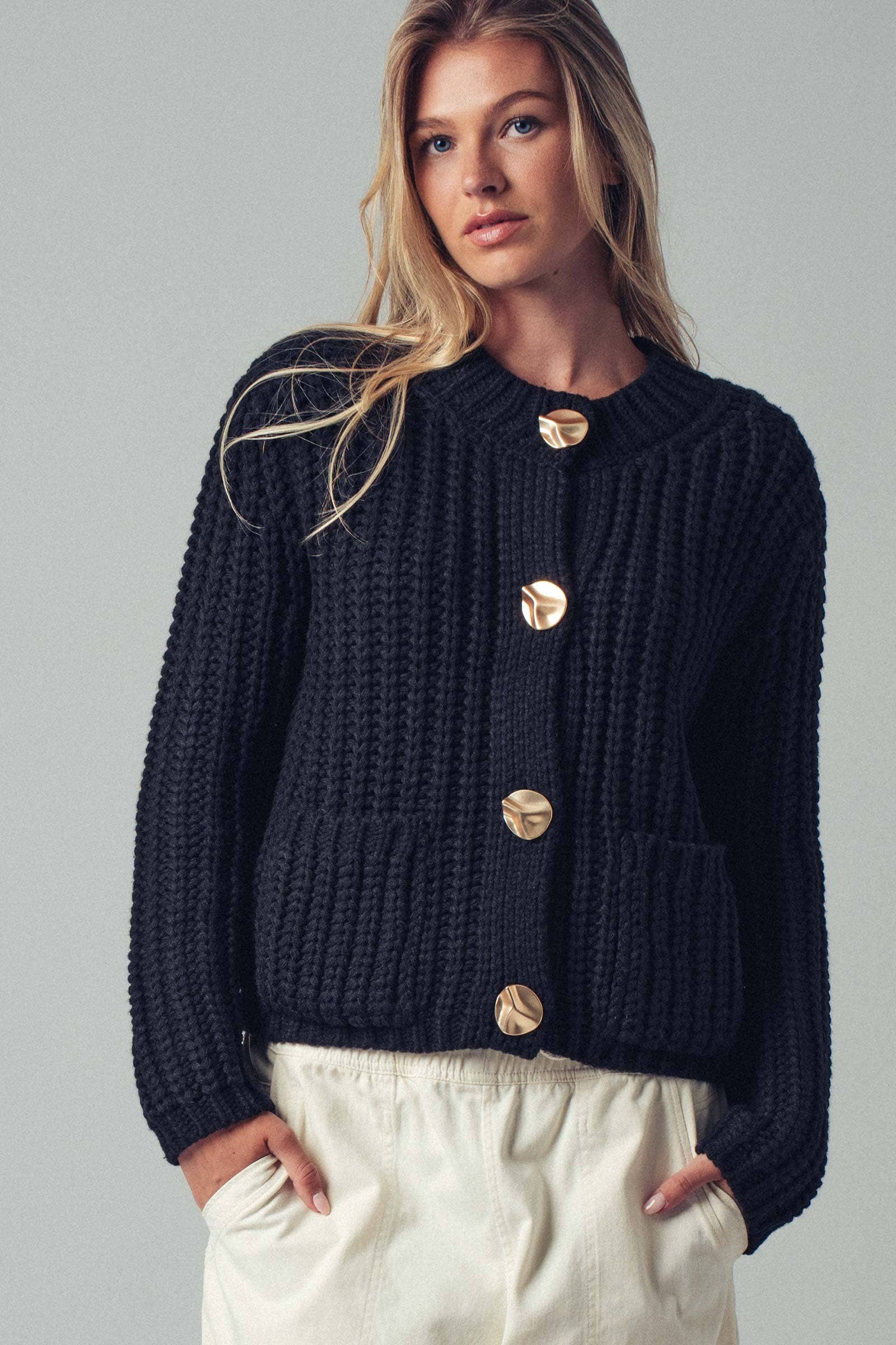 Chunky Gold Button Ribbed Knit Cardigan