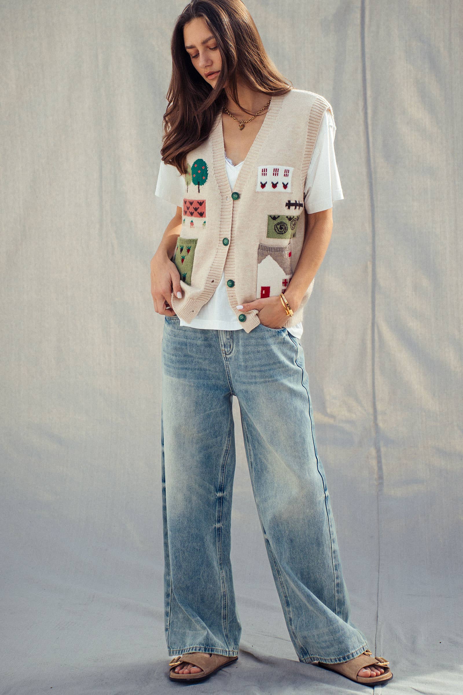 Urban Daizy Boho Graphic Knit Vest with Patch Pockets Oatmeal Sweater Vest - Women's (UDZ-KN-01039) – alternate view 15