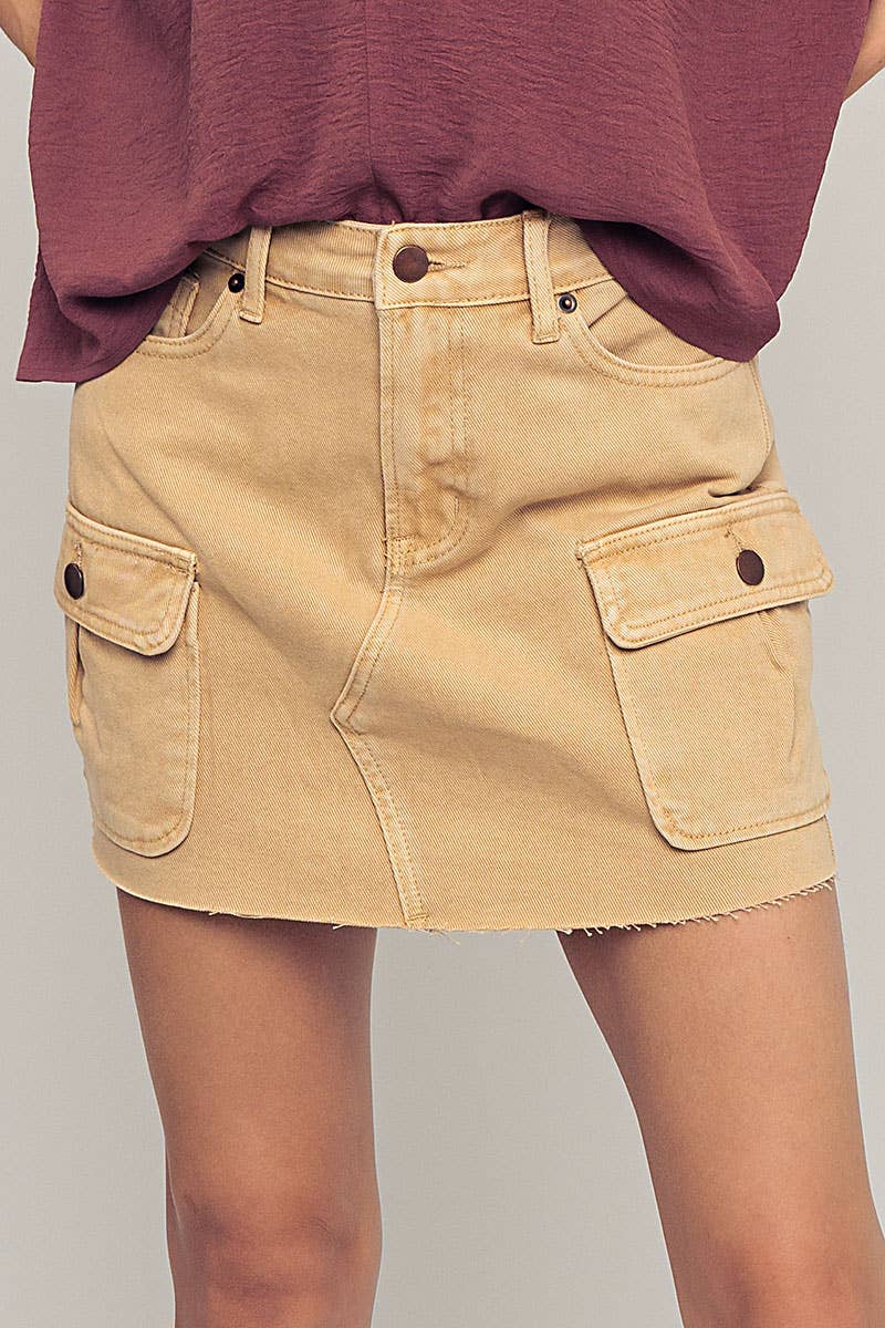 High Rise Raw Hem Utility Pocket Mini Cargo Skirt