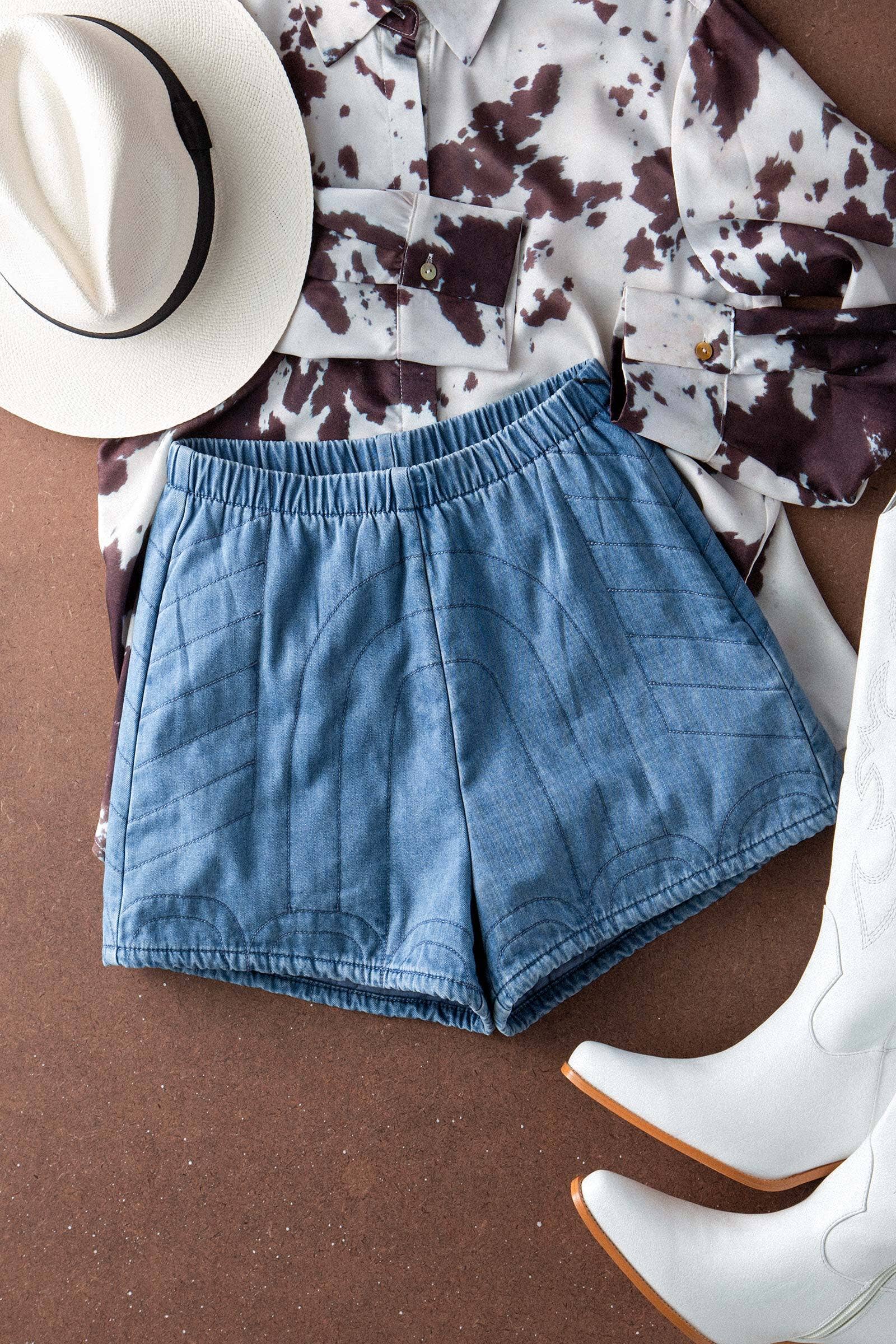 Western Quilted Elastic Waist Denim Shorts