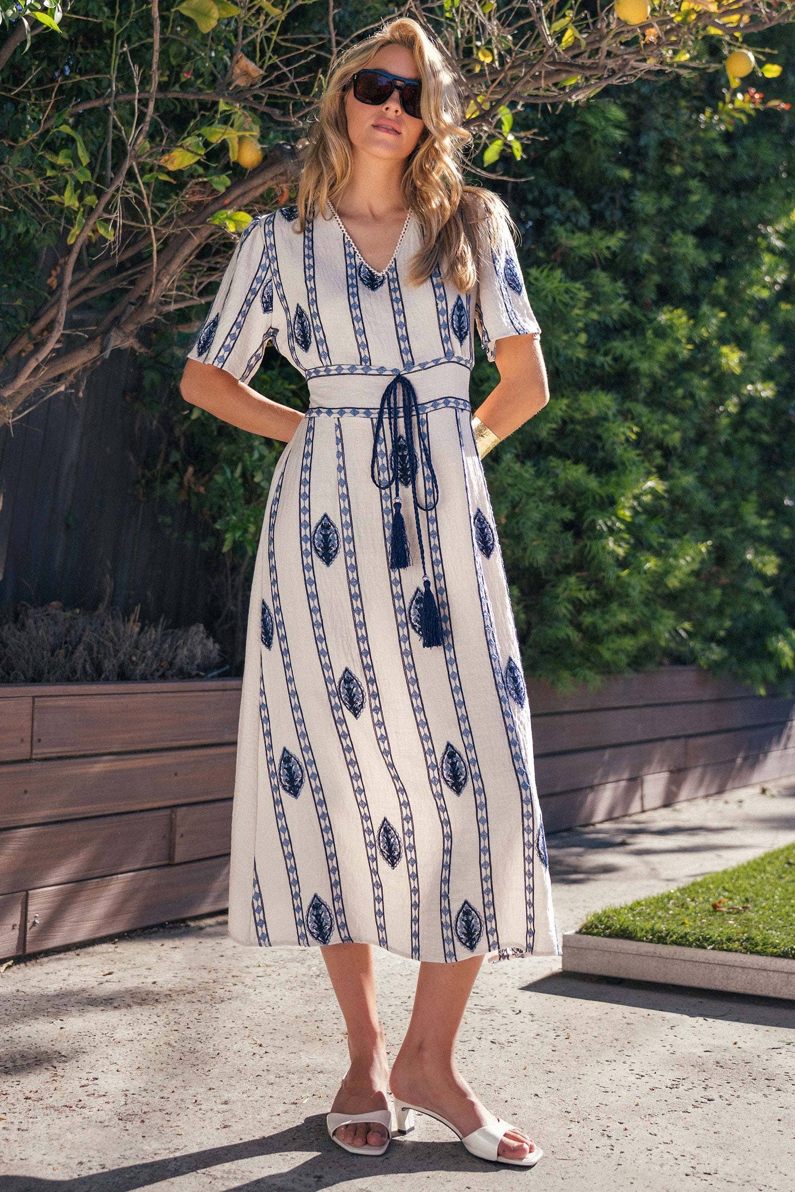 Urban Daizy Geometric Embroidered Linen Blend Midi Dress Cream-Blue Dress - Women's (UDZ-DR-00506)