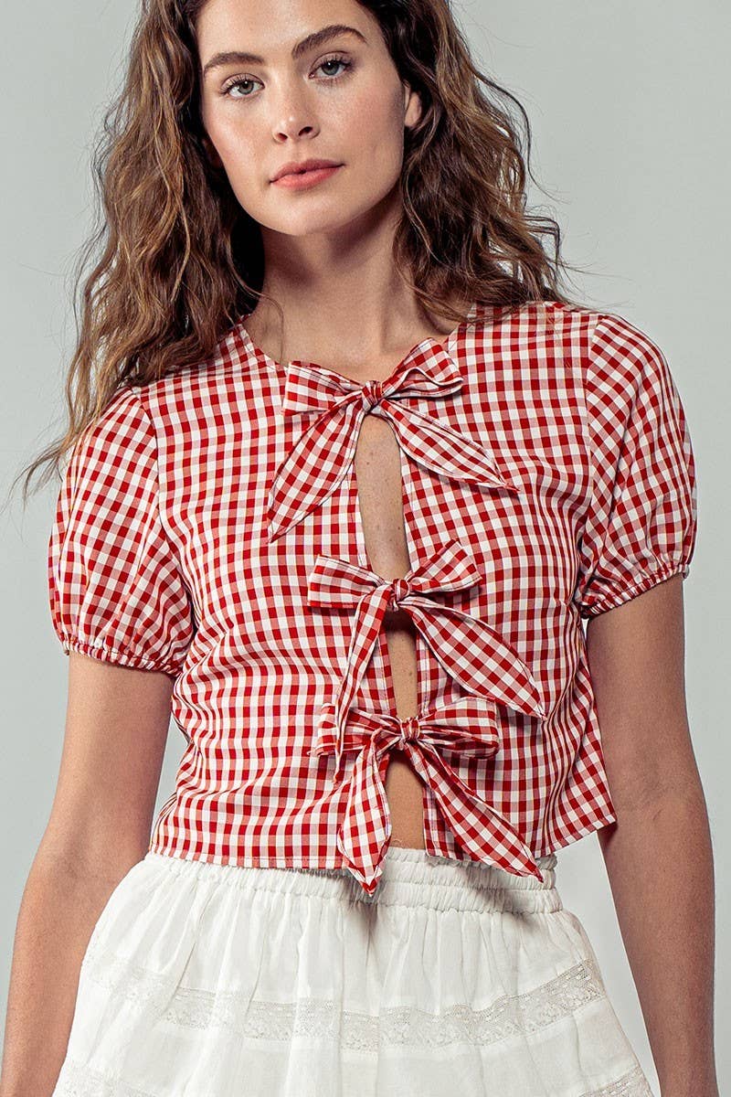 Urban Daizy Gingham Triple Bow Puff Sleeve Crop Top Pink Blouse - Women's (UDZ-TP-01033) – alternate view 28