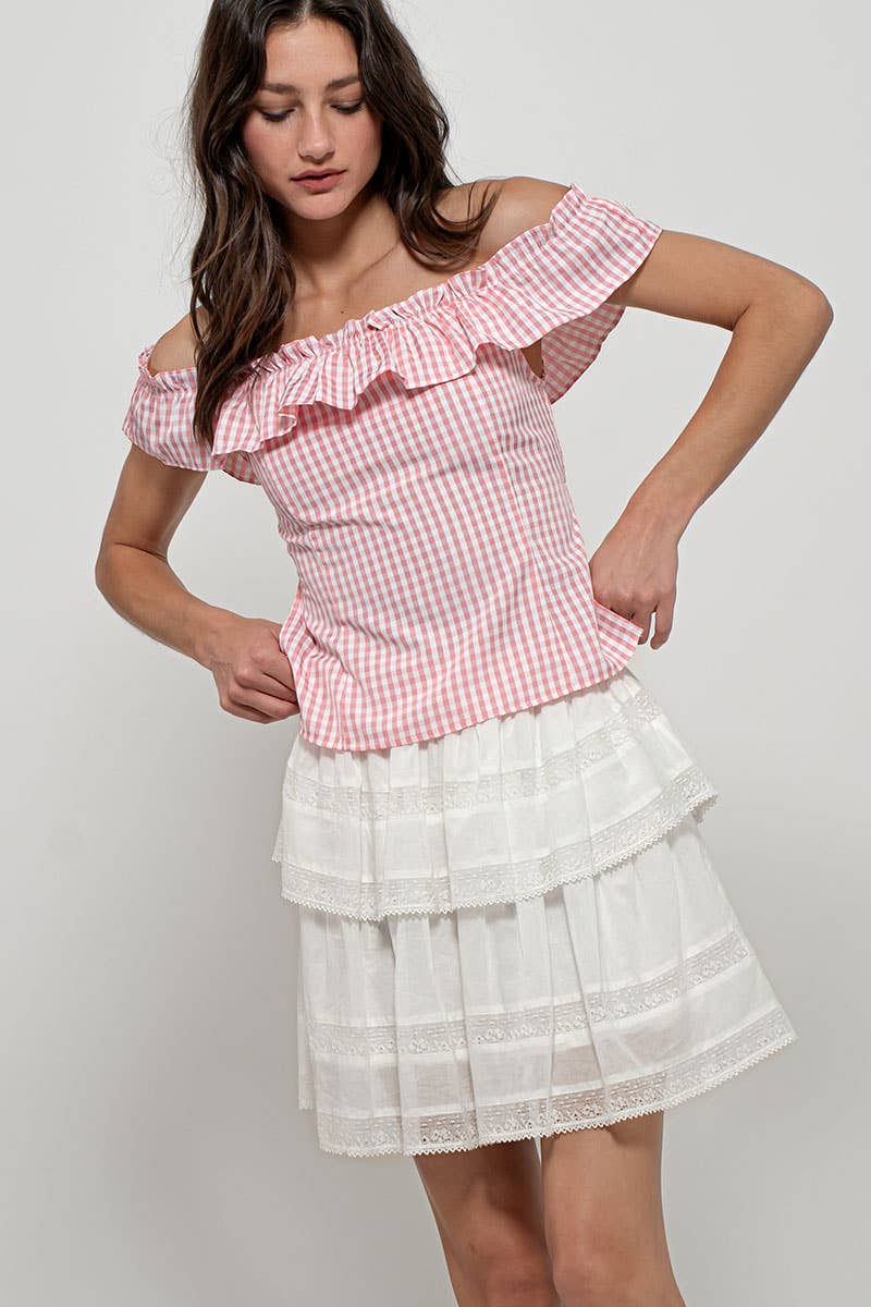 Urban Daizy Gingham Ruffle Off-Shoulder Crop Top Pink Blouse - Women's (UDZ-TP-01034) – alternate view 34