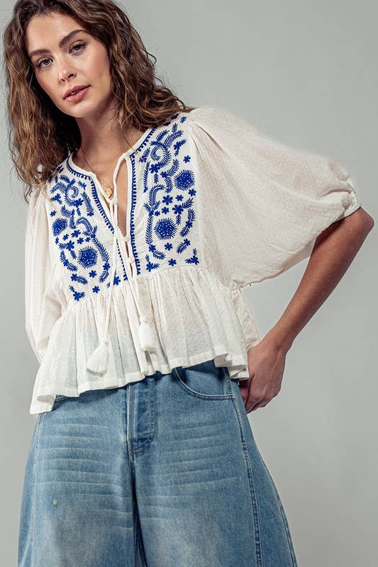 Urban Daizy Boho Embroidered Puff Sleeve Ruffle Blouse White Blouse - Women's (UDZ-TP-00705) – alternate view 15