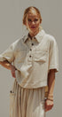 Washed Utility Half-Placket Cropped Shirt in TAUPE	 - Women's Shirts & Blouses | Urban Daizy