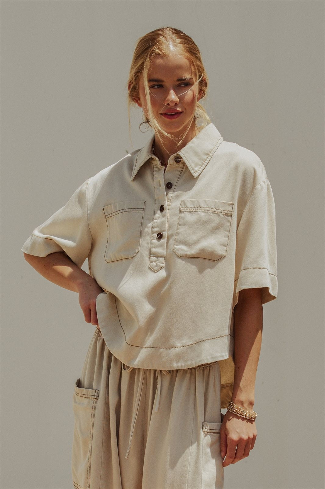 Washed Utility Half-Placket Cropped Shirt in TAUPE	 - Women's Shirts & Blouses | Urban Daizy